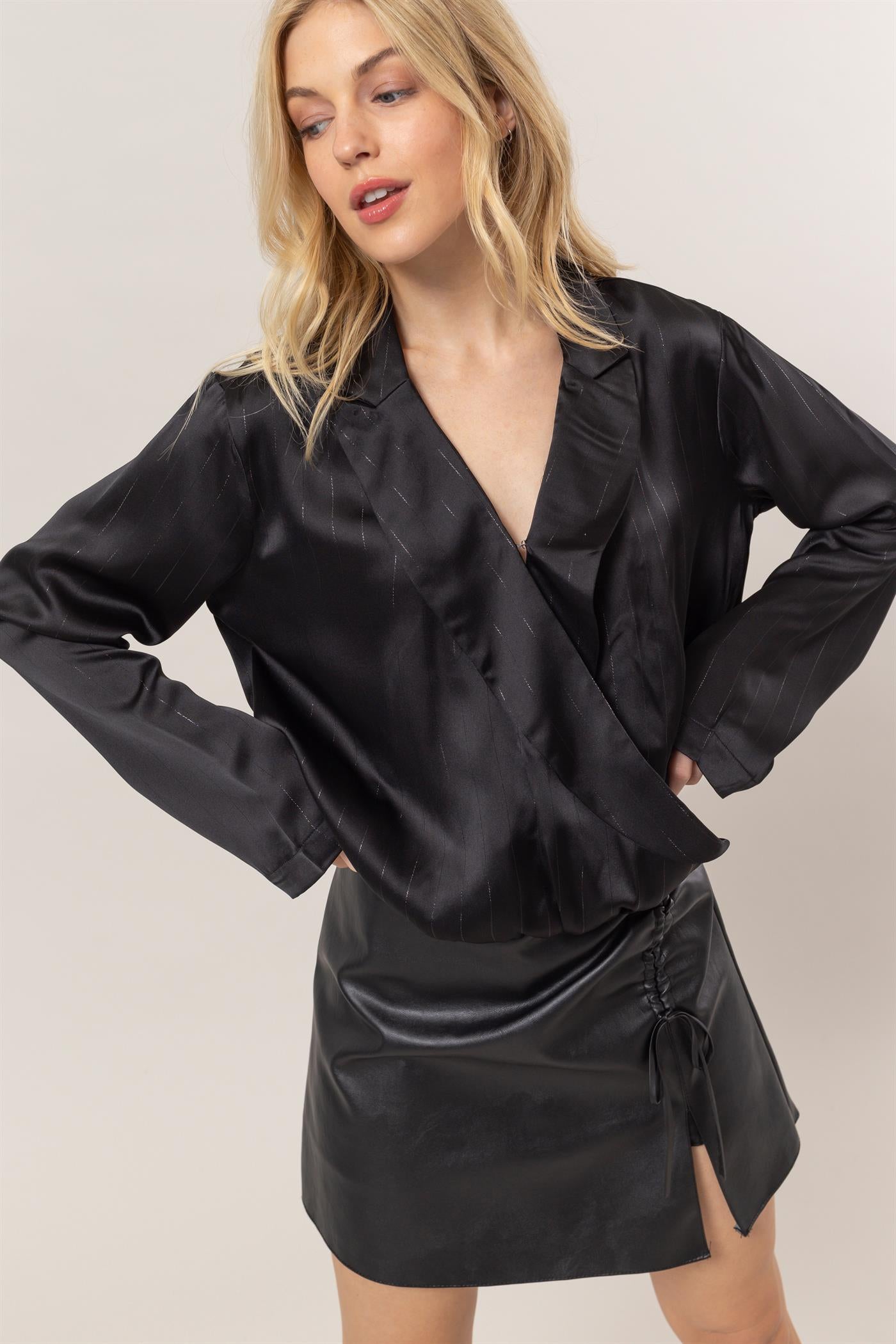 Wholesale Sophisticated Lurex Striped Wrap Blouse Clothing Tops HF25C383 BLACK HYFVE