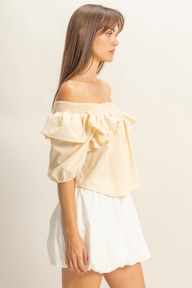 Wholesale Ruffled Short Sleeve Top Clothing Tops HF22C757 SAND HYFVE
