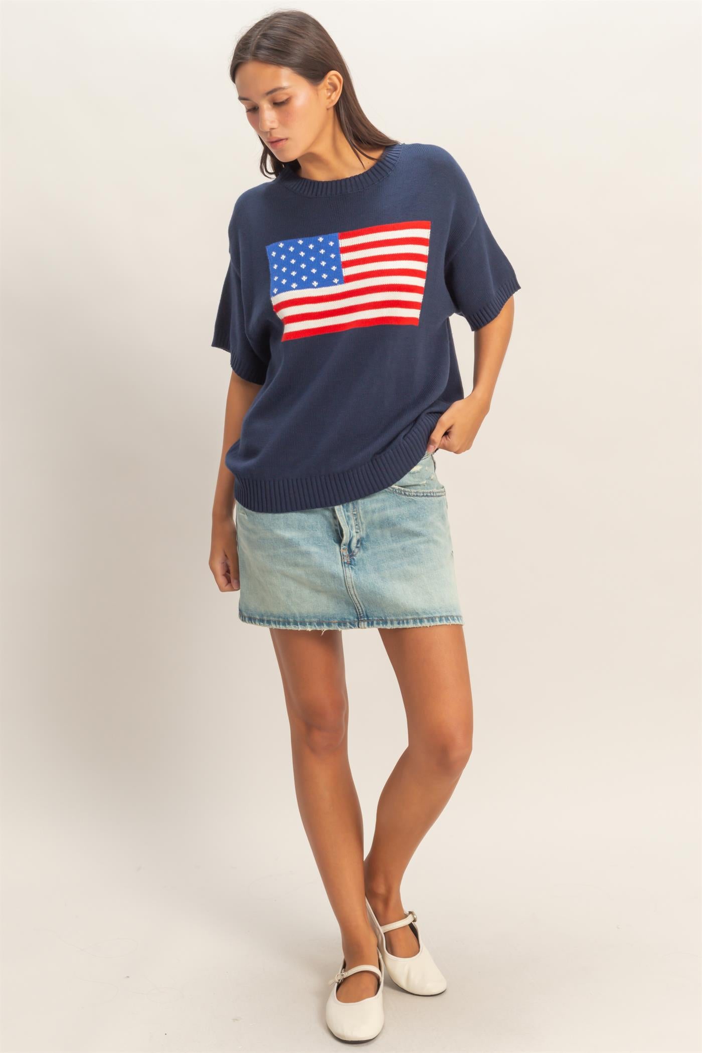 Wholesale American Flag Knit Top Shirts DZ26A309 NAVY DOUBLE ZERO