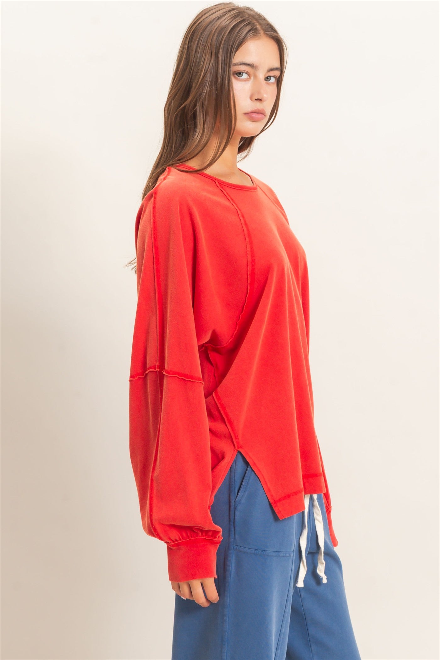 Wholesale Raglan Sleeve Snow Wash Top Shirts DZ26E945 RED DOUBLE ZERO