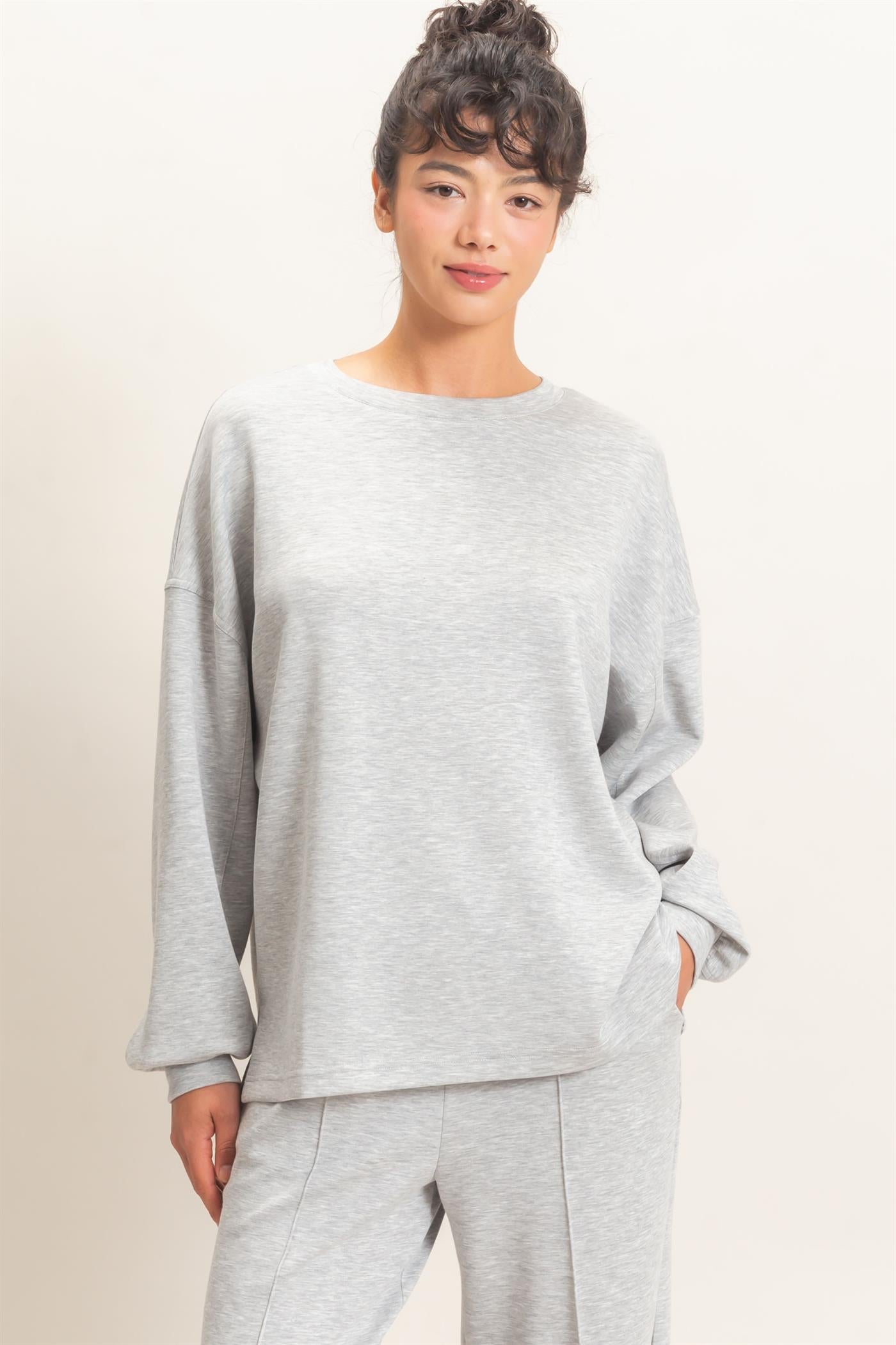 Wholesale Oversized Crew Neck Top Sweatshirts DZ26E388 HEATHER GRAY DOUBLE ZERO