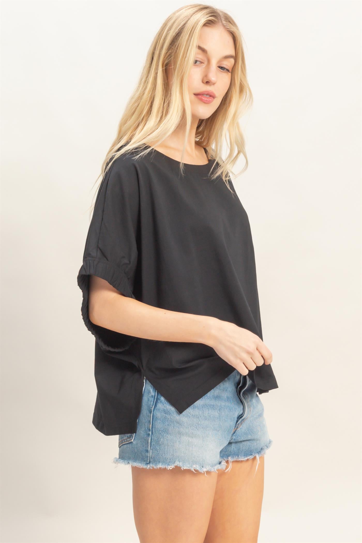 Wholesale Oversized Elastic Cuff Top T-Shirts HF26C082 BLACK HYFVE