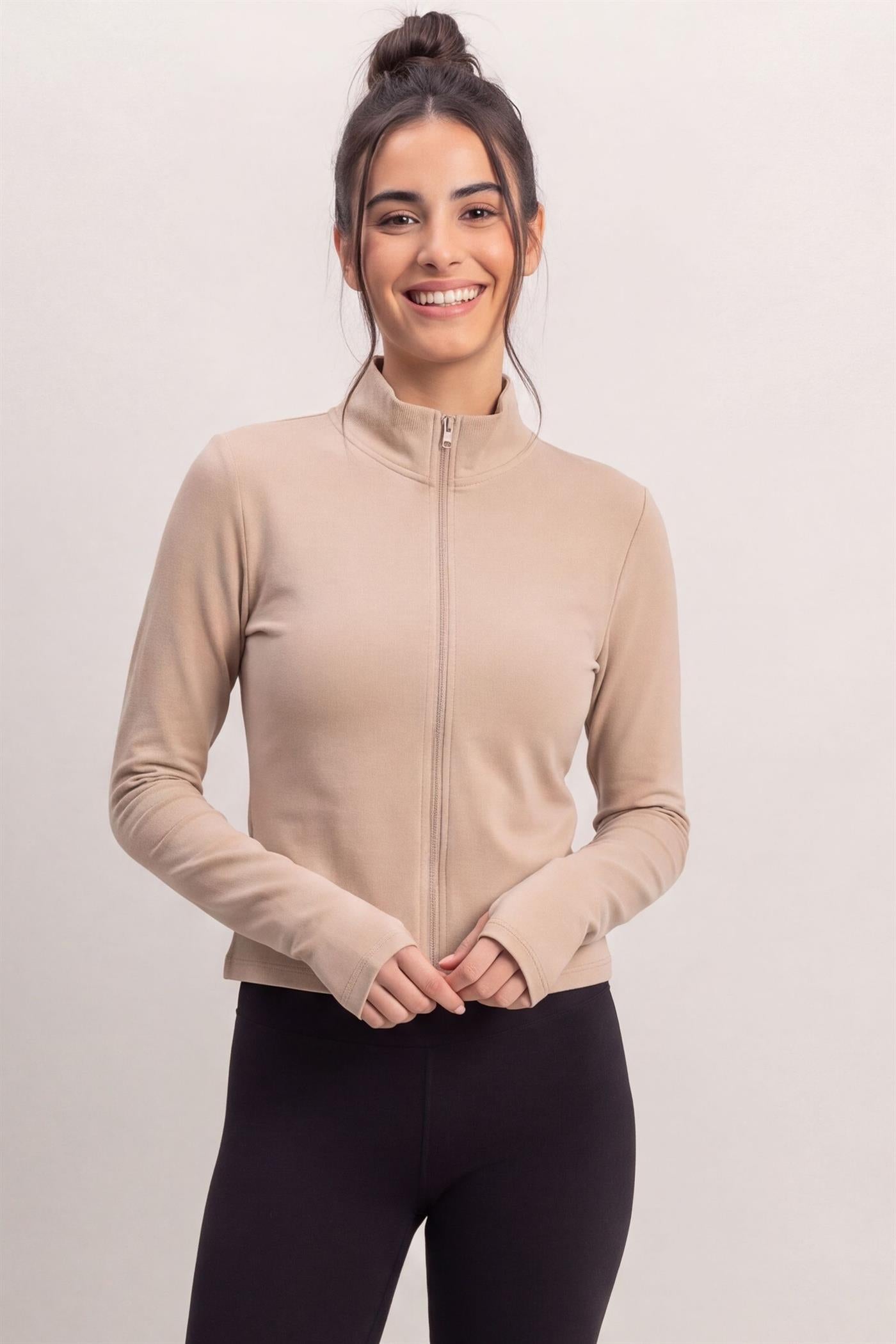 Wholesale Mock Neck Long Sleeve Zip Up Top Clothing Tops DZ26E911 TAUPE DOUBLE ZERO