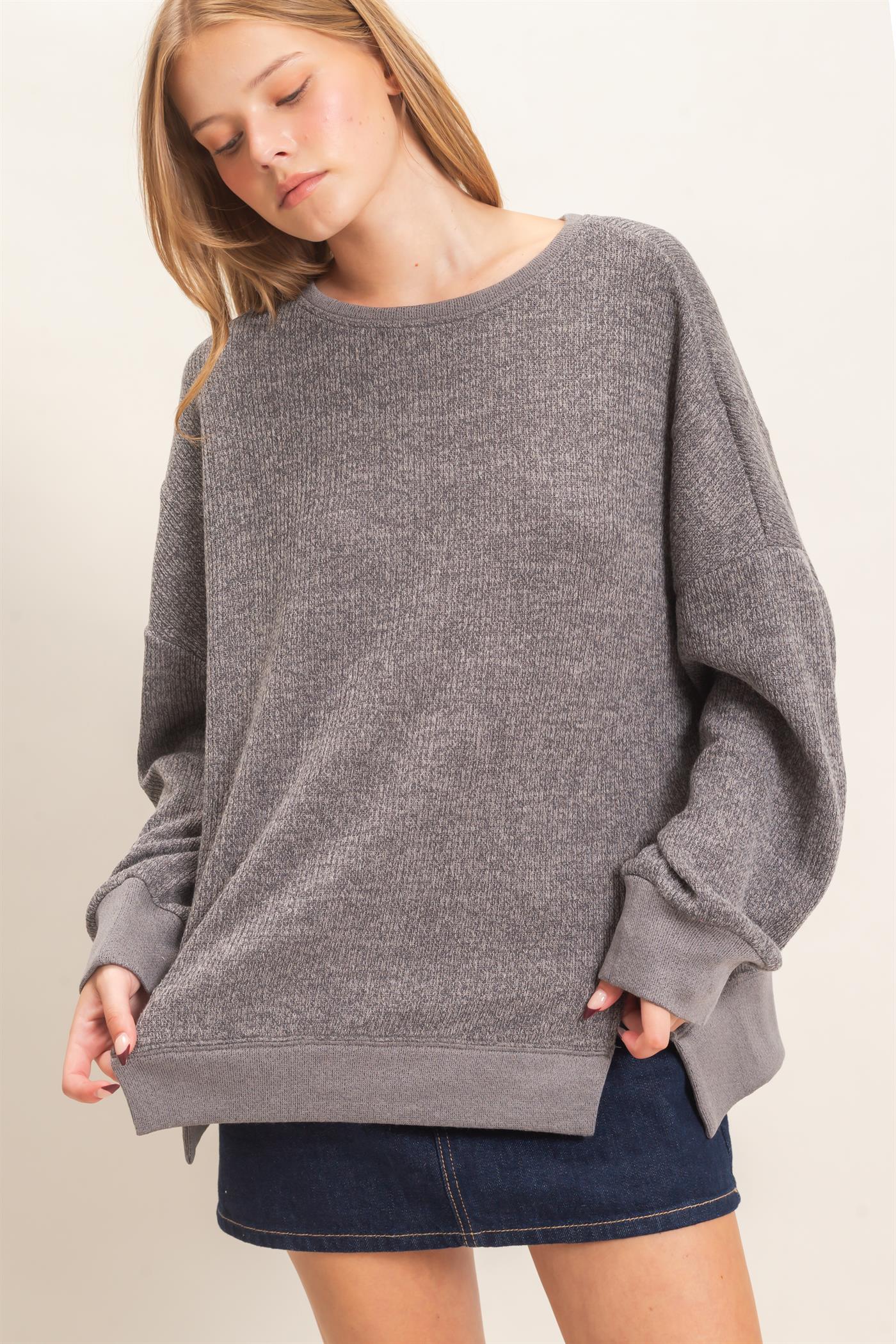 Wholesale Ribbed Boat Neck Knit Top Clothing Tops HF26E852 GRAY HYFVE