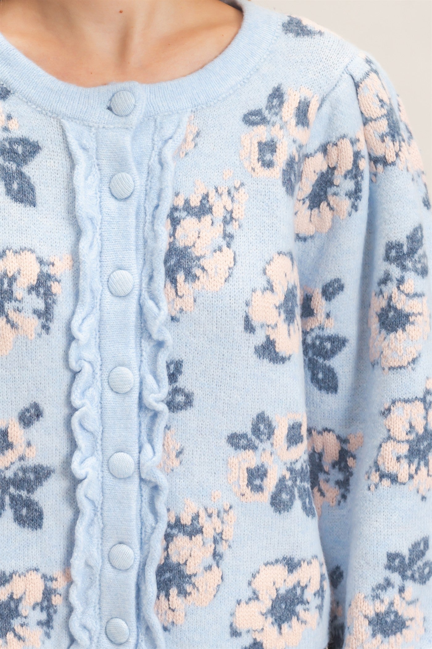 Wholesale Floral Jacquard Ruffle Placket Cardigan Cardigans HF26F148 BLUE HYFVE