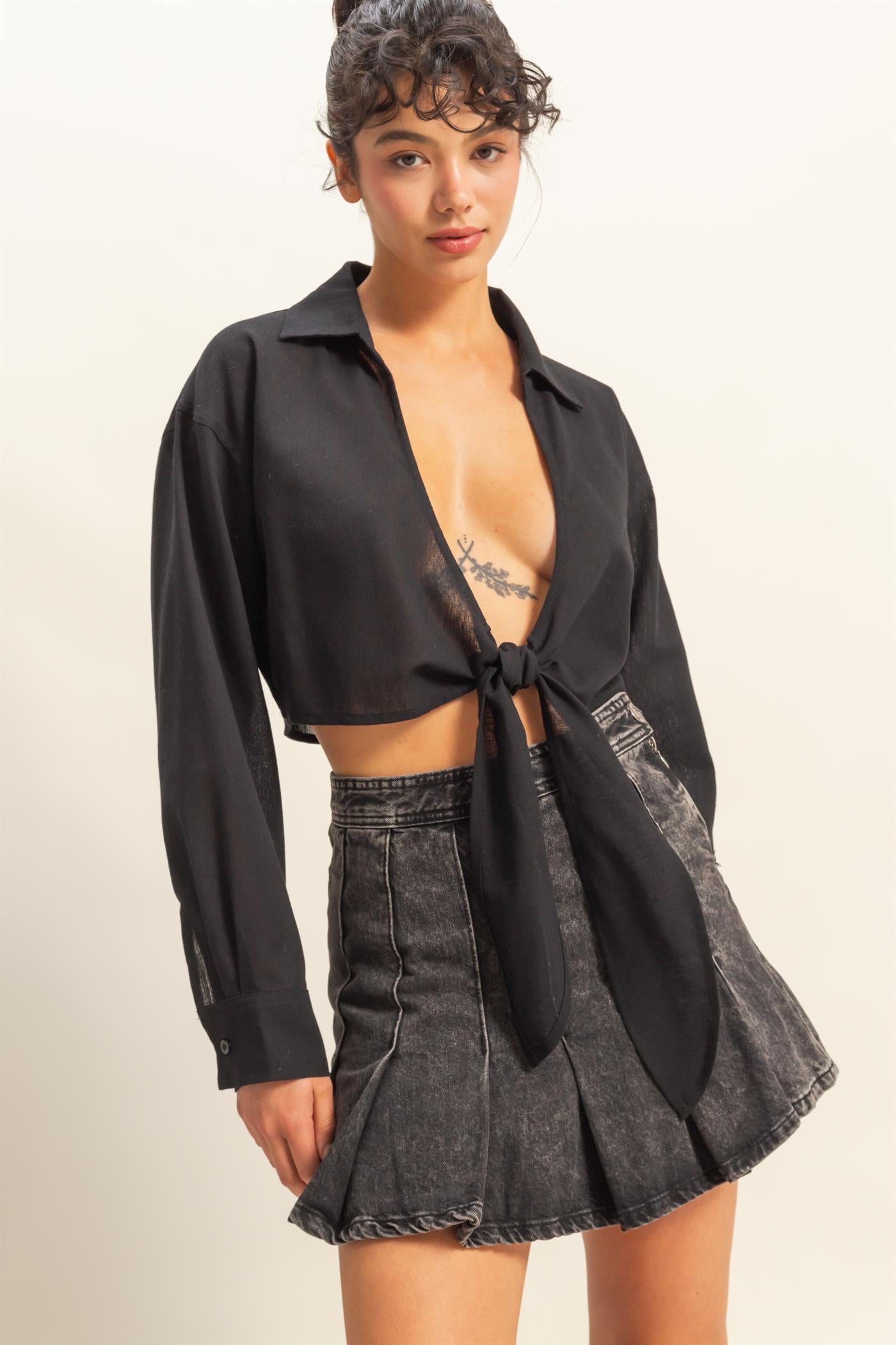Wholesale Sand Washed Tie Front Crop Top Blouses DZ24C963 BLACK DOUBLE ZERO