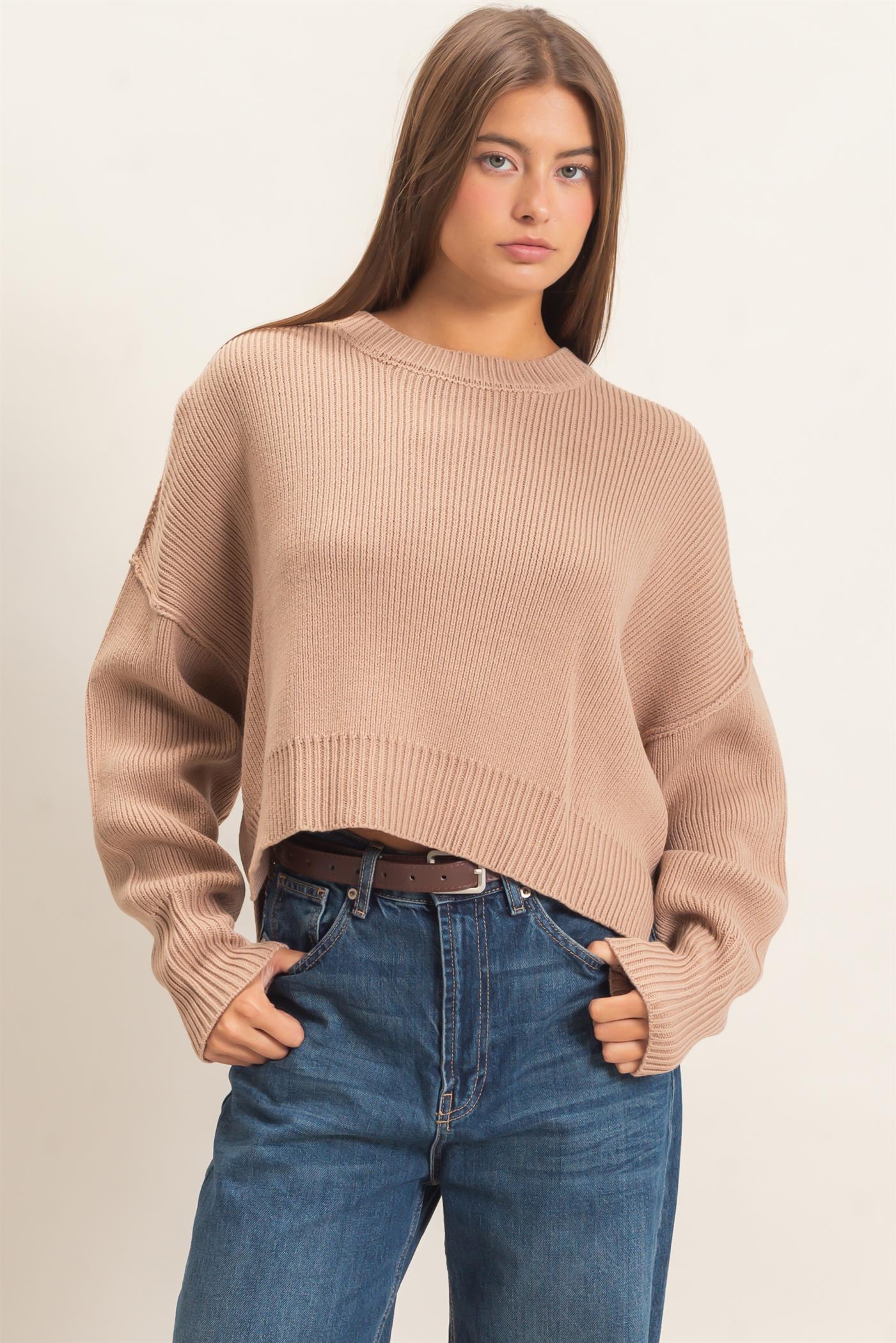 Wholesale Ribbed Drop Shoulder Sweater Sweaters DZ26C982 DARK TAUPE DOUBLE ZERO