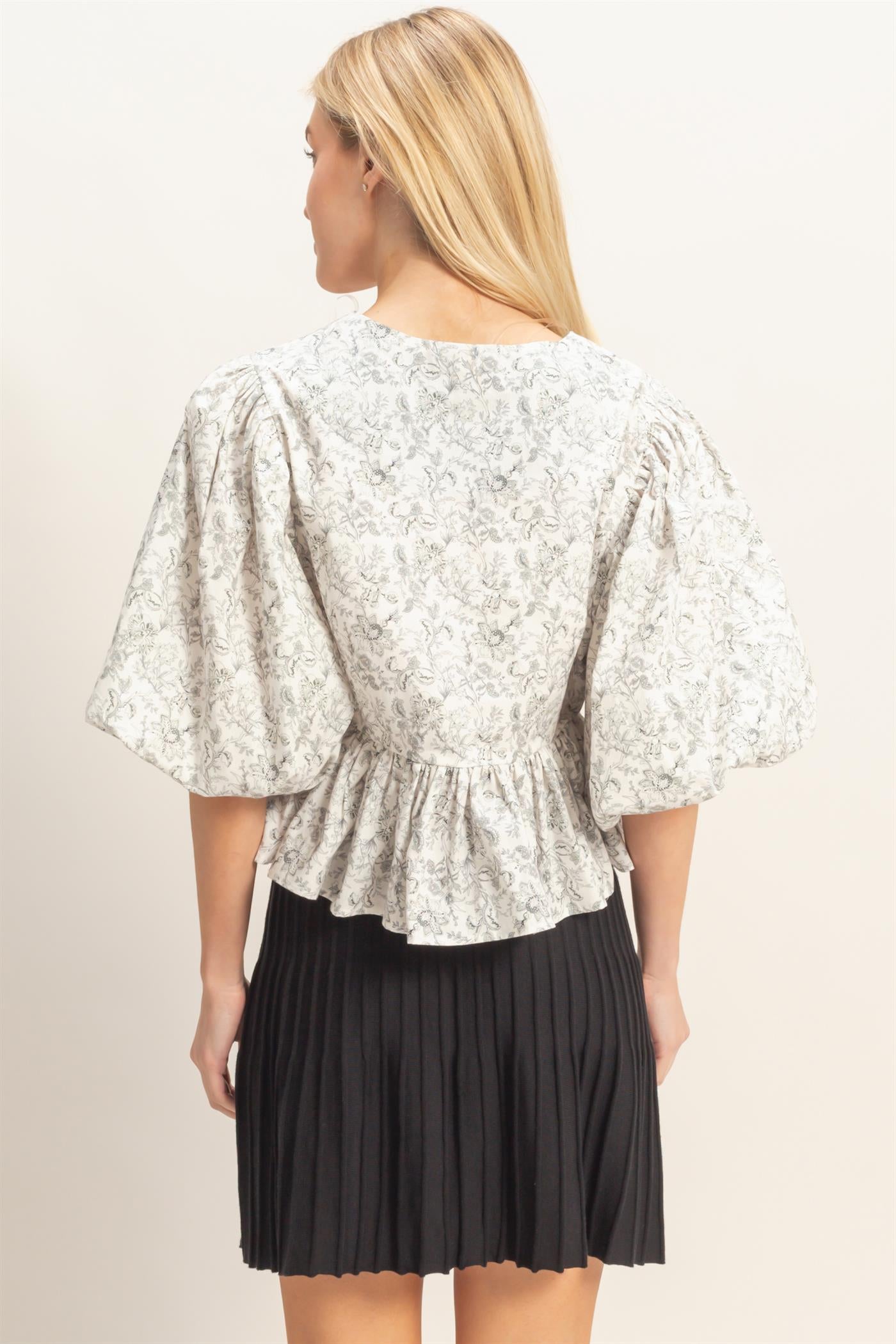 Wholesale Floral Tie-Front Peplum Top Clothing Tops HF26A353 BLACK HYFVE