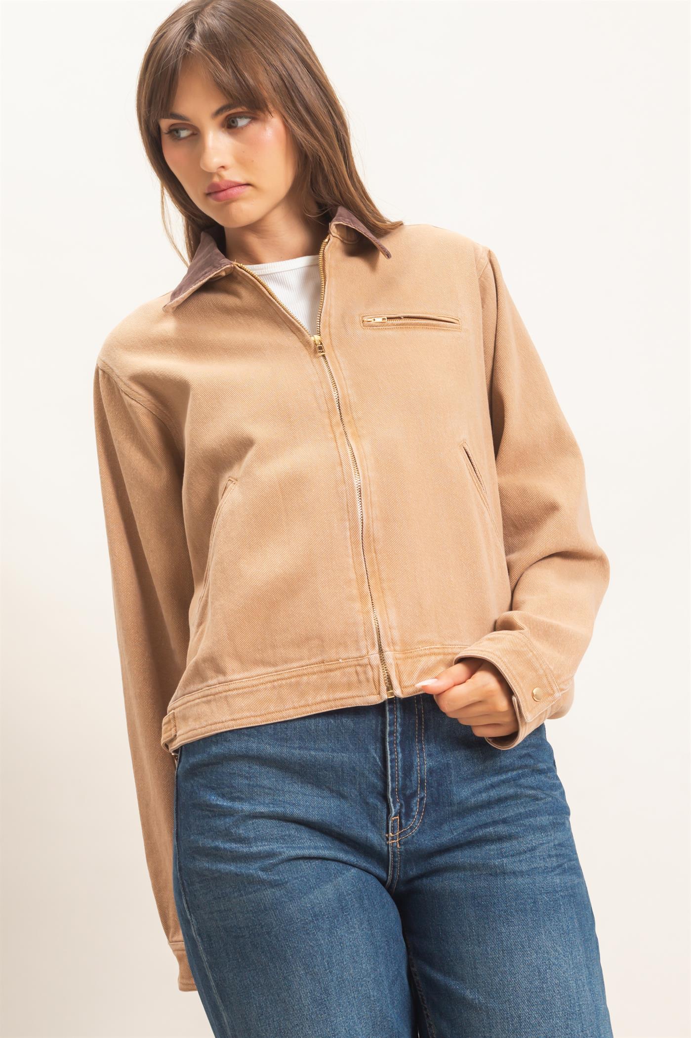 Wholesale Twill Jacket With Corduroy Collar Outerwear HF26E011 DARK TAUPE HYFVE