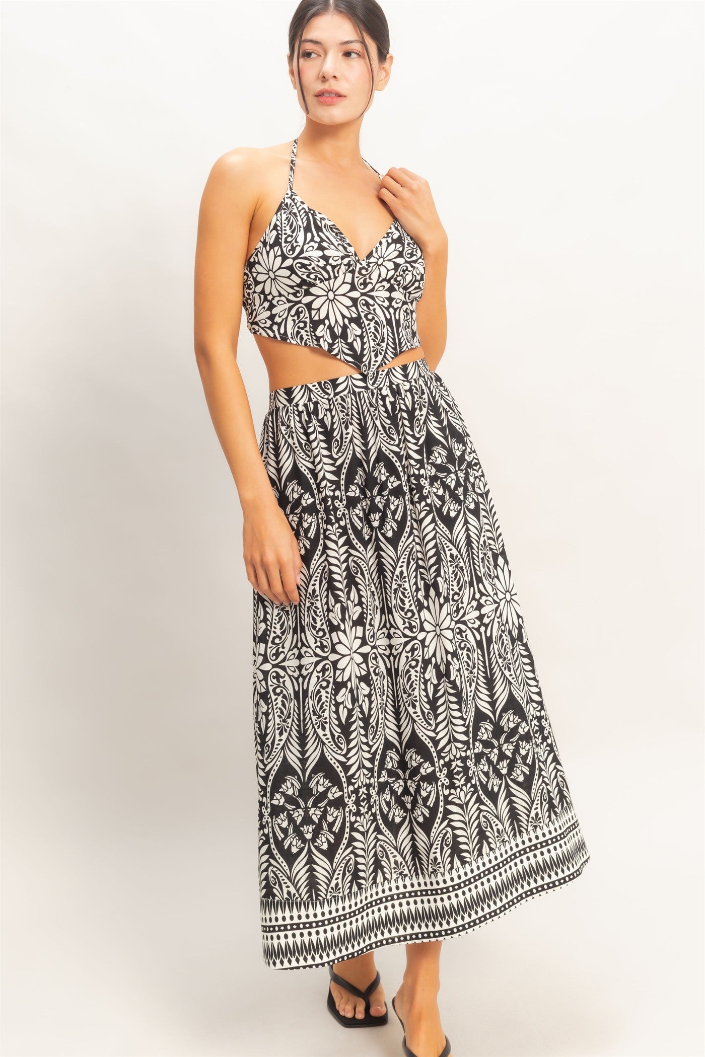 Wholesale Tropical Halter & Skirt Set Clothing HF26A863-SET BLACK HYFVE