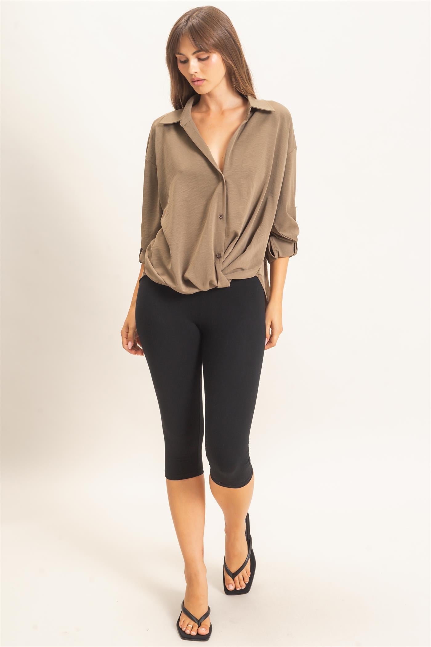 Wholesale Button-Up Dolman Sleeve Top Shirts HF26F070 OLIVE HYFVE