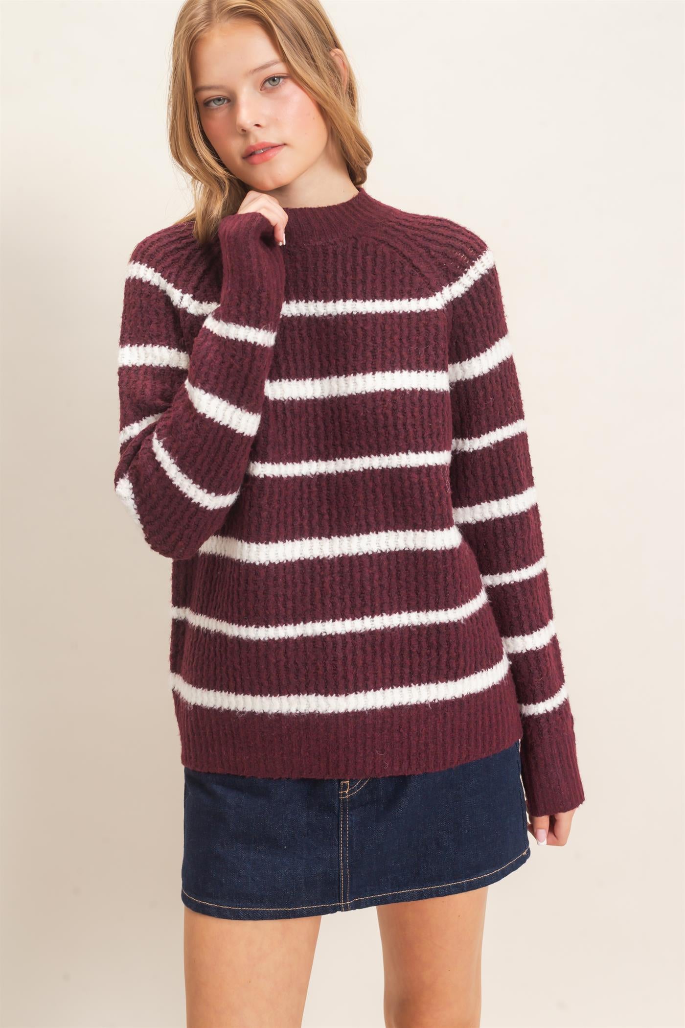 Wholesale Textured Striped Mock Neck Sweater Sweaters HF26E765 WINE HYFVE