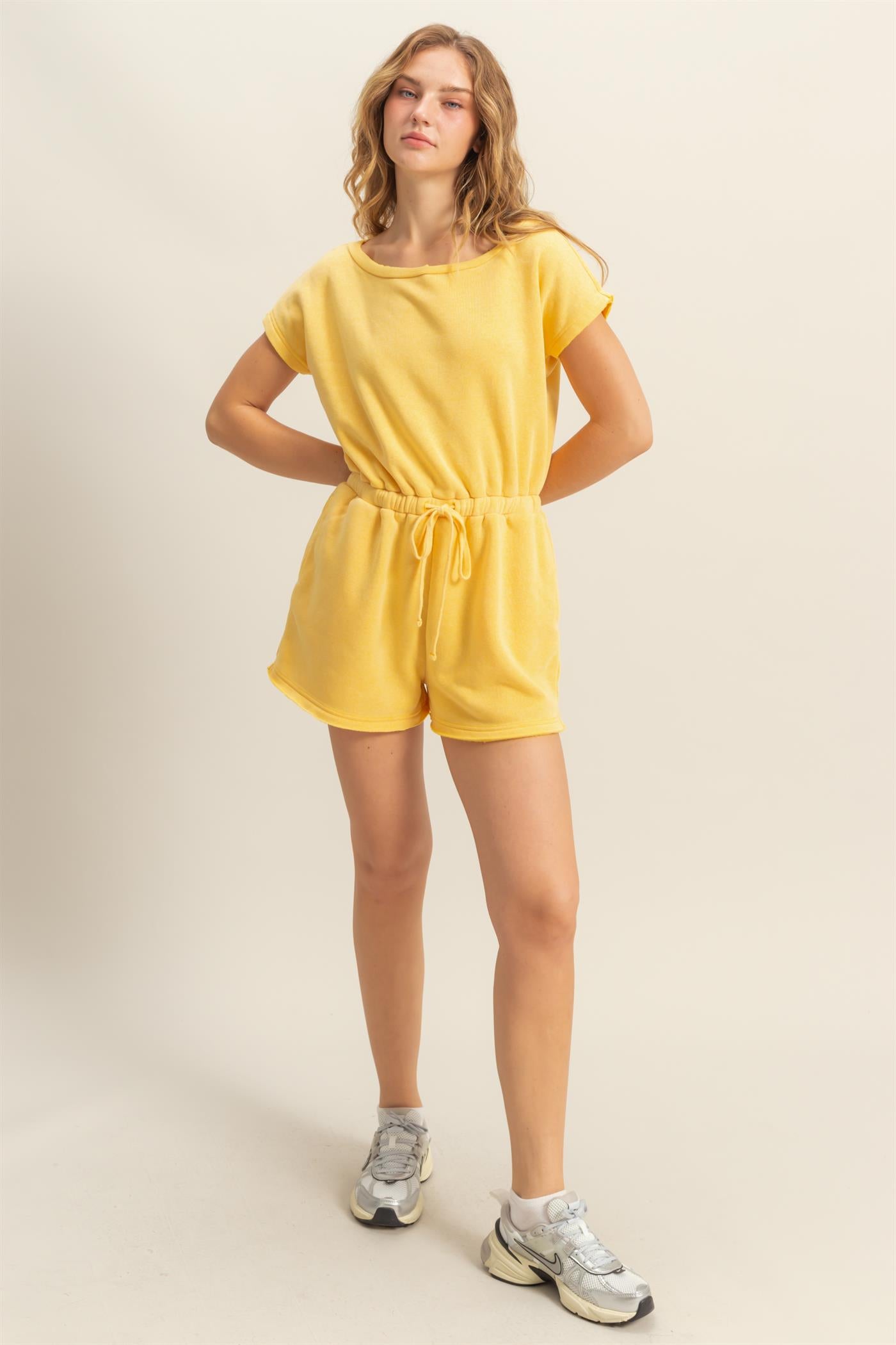 Wholesale Cap Sleeve Drawstring Waist Romper Clothing DZ25A782 SUNFLOWER DOUBLE ZERO