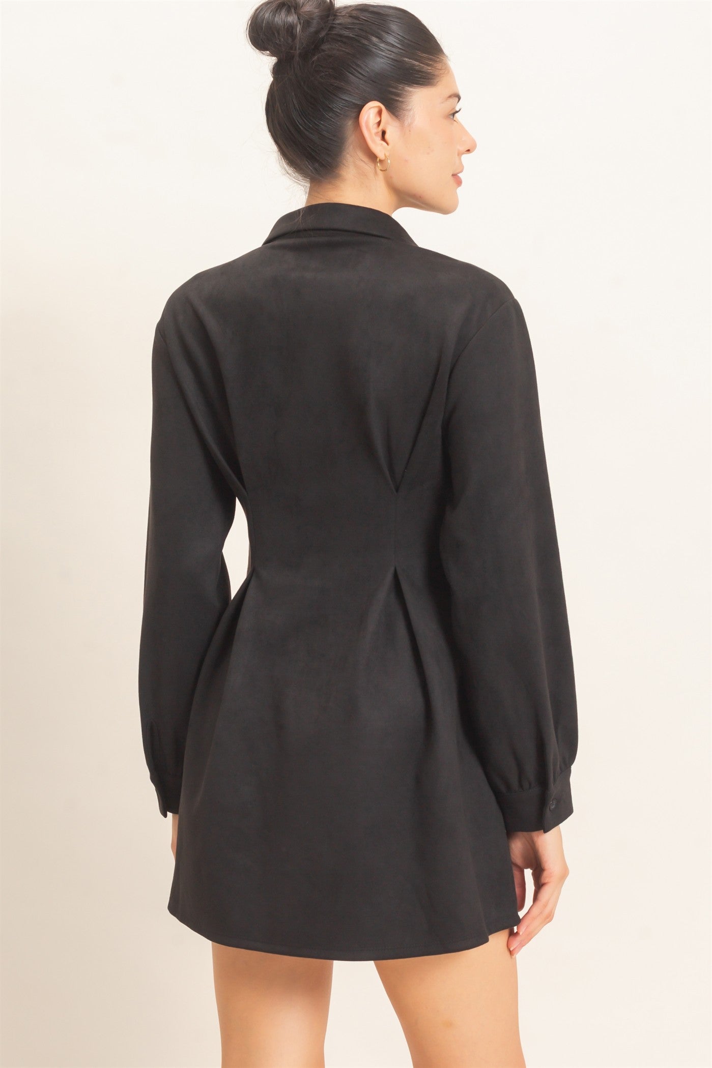 Wholesale Faux Suede Long Sleeve Shirtdress Dresses HF26F063 BLACK HYFVE
