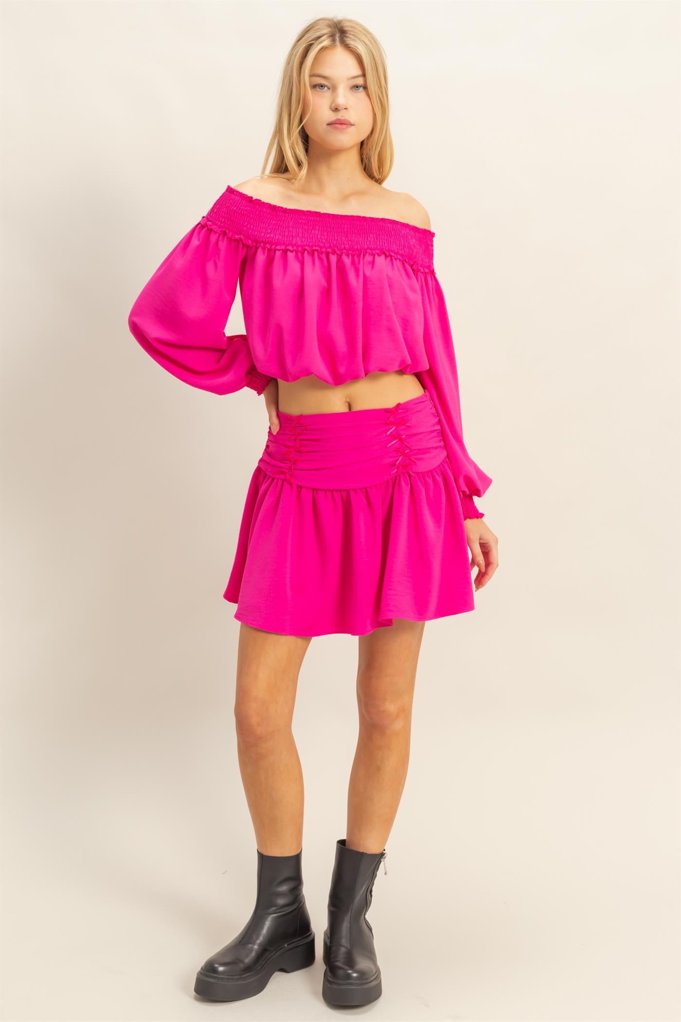 Wholesale Romantic Off Shoulder Top And Gathered Skirt Set Clothing HF25A243-SET FUCHSIA HYFVE