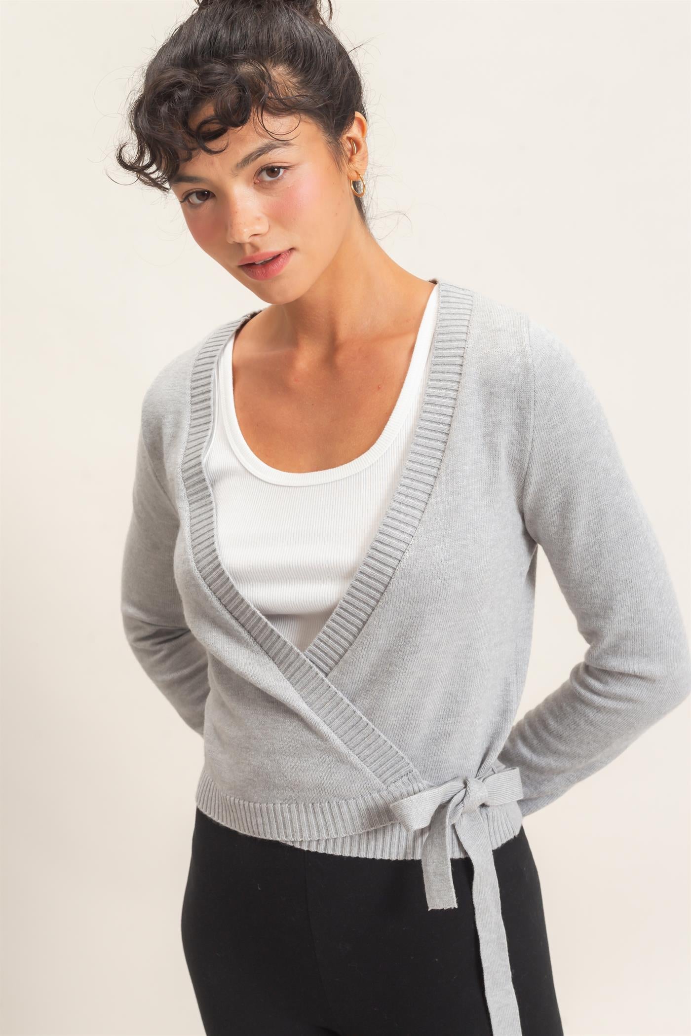 Wholesale Wrap Knit Cardigan Sweaters DZ26F393 HEATHER GRAY DOUBLE ZERO