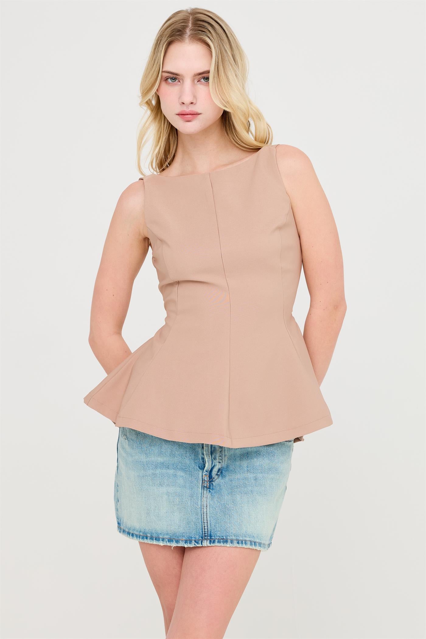Wholesale Sleeveless Open Back Peplum Top Clothing Tops HF26A292 TAUPE HYFVE