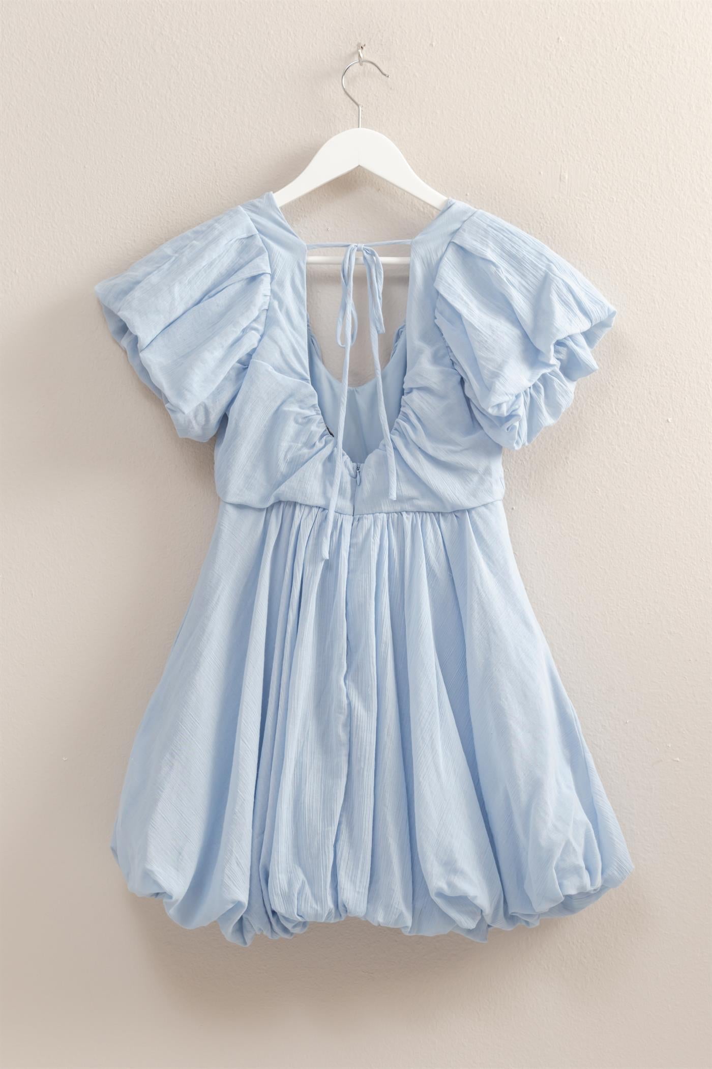 Wholesale V-Neck Puff Sleeve Flowy Mini Dress Dresses HF25A226 L.BLUE HYFVE