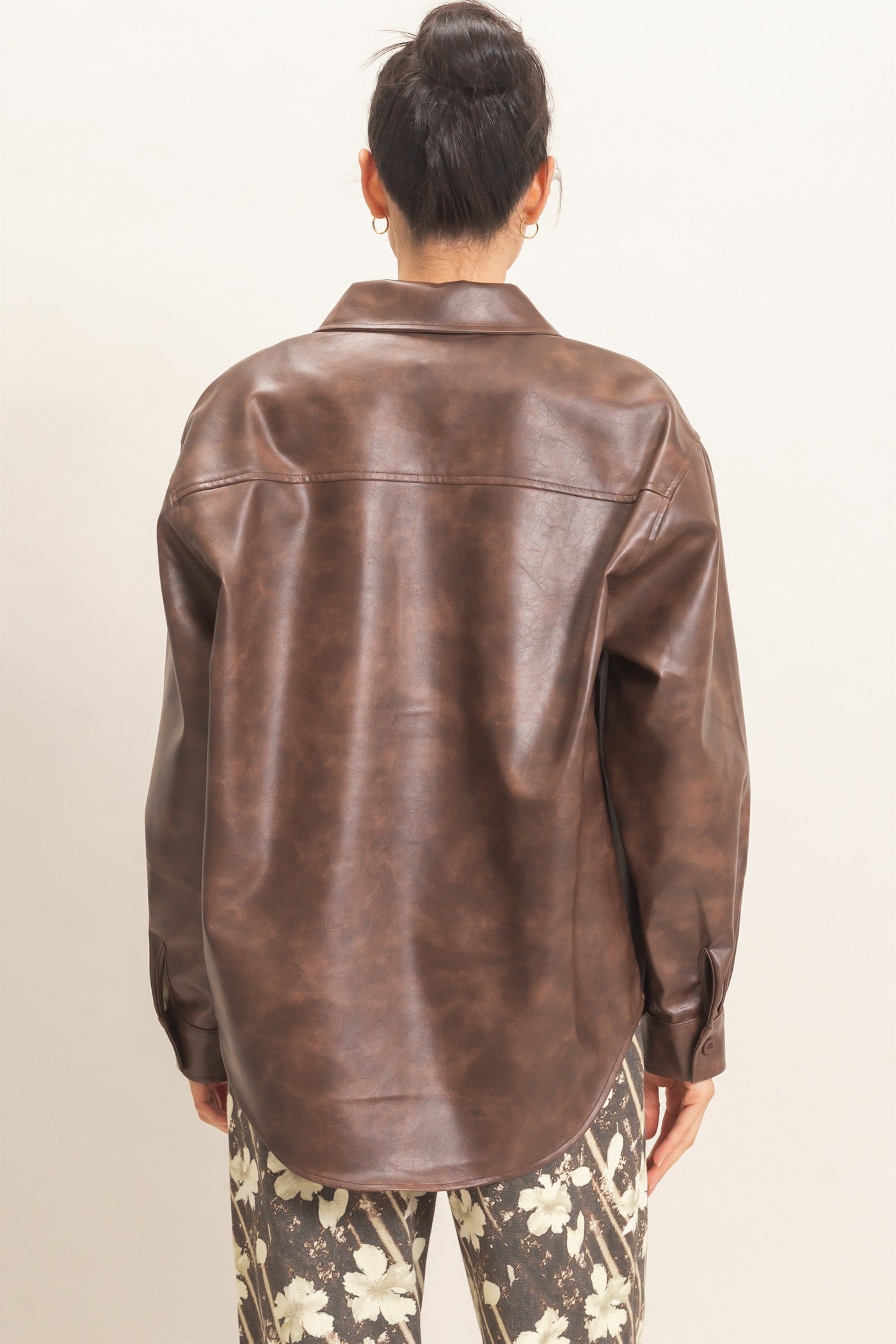Wholesale Faux Leather Button-Down Shirt Clothing Tops HF26E236 BROWN HYFVE