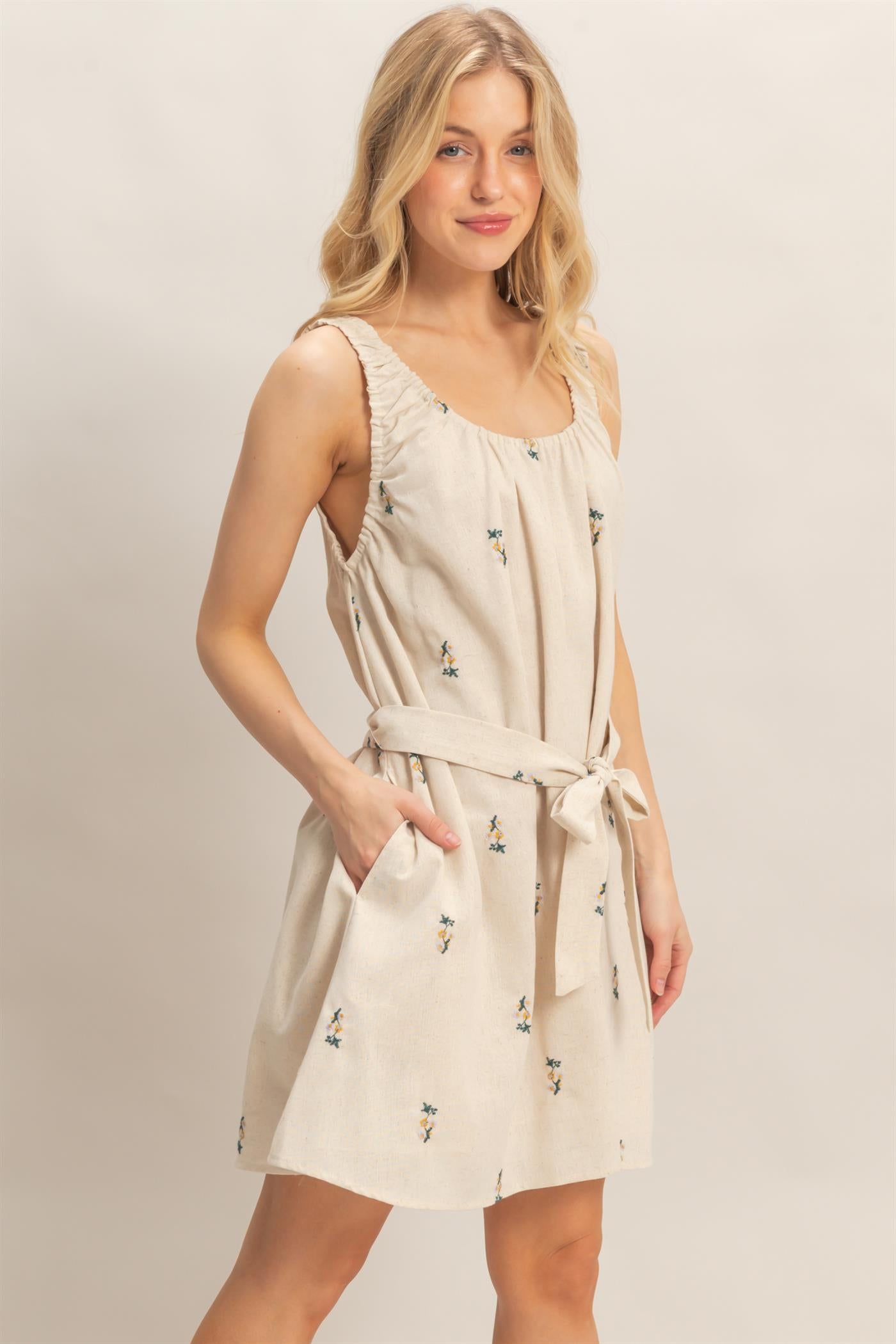 Wholesale Ruched Sleeveless Mini Dress Dresses HF26A786 OATMEAL/GREEN COMBO HYFVE