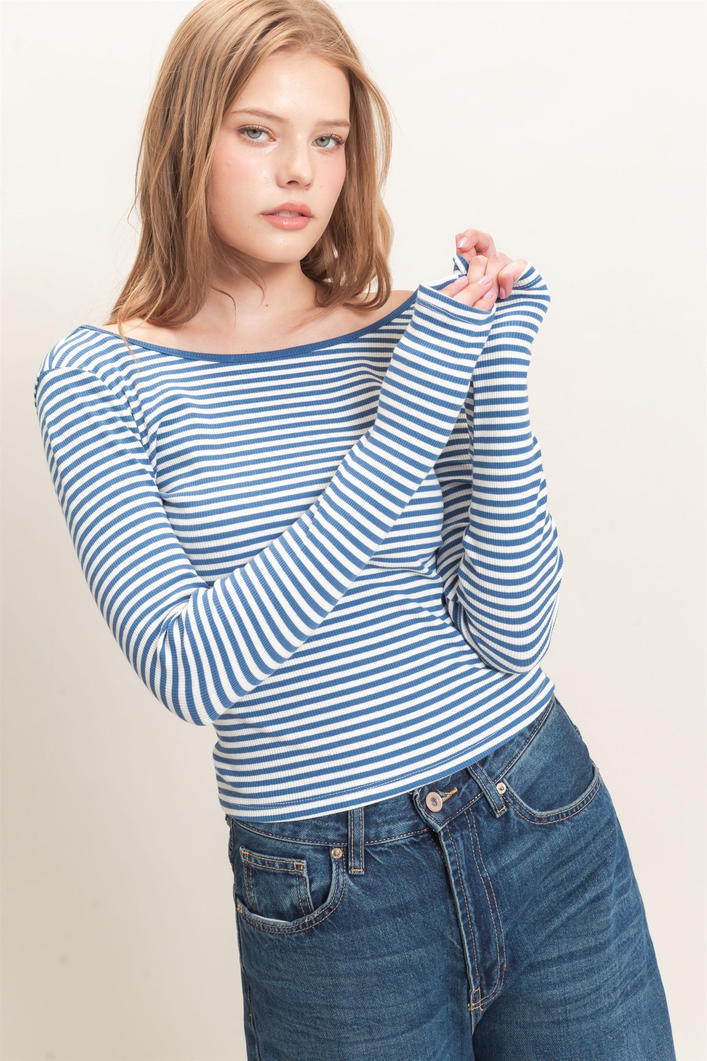 Wholesale Striped Boat Neck Long Sleeve Top Clothing Tops HF26F080 BLUE/WHITE HYFVE