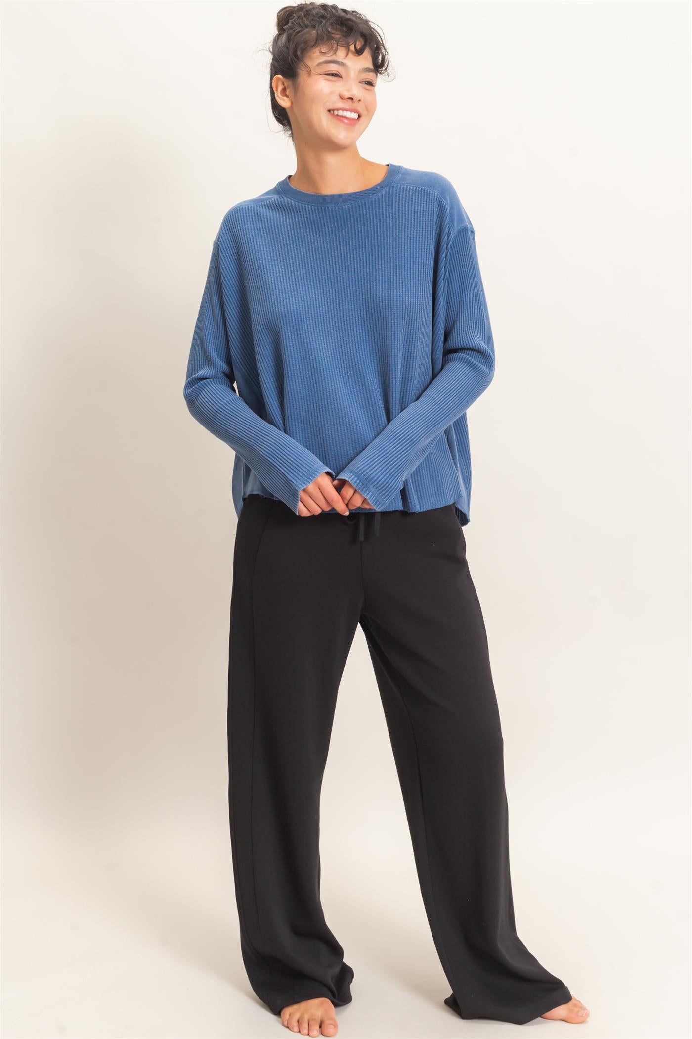 Wholesale Oversized Mineral Washed Waffle Knit Top Clothing Tops DZ26E654 NAVY DOUBLE ZERO