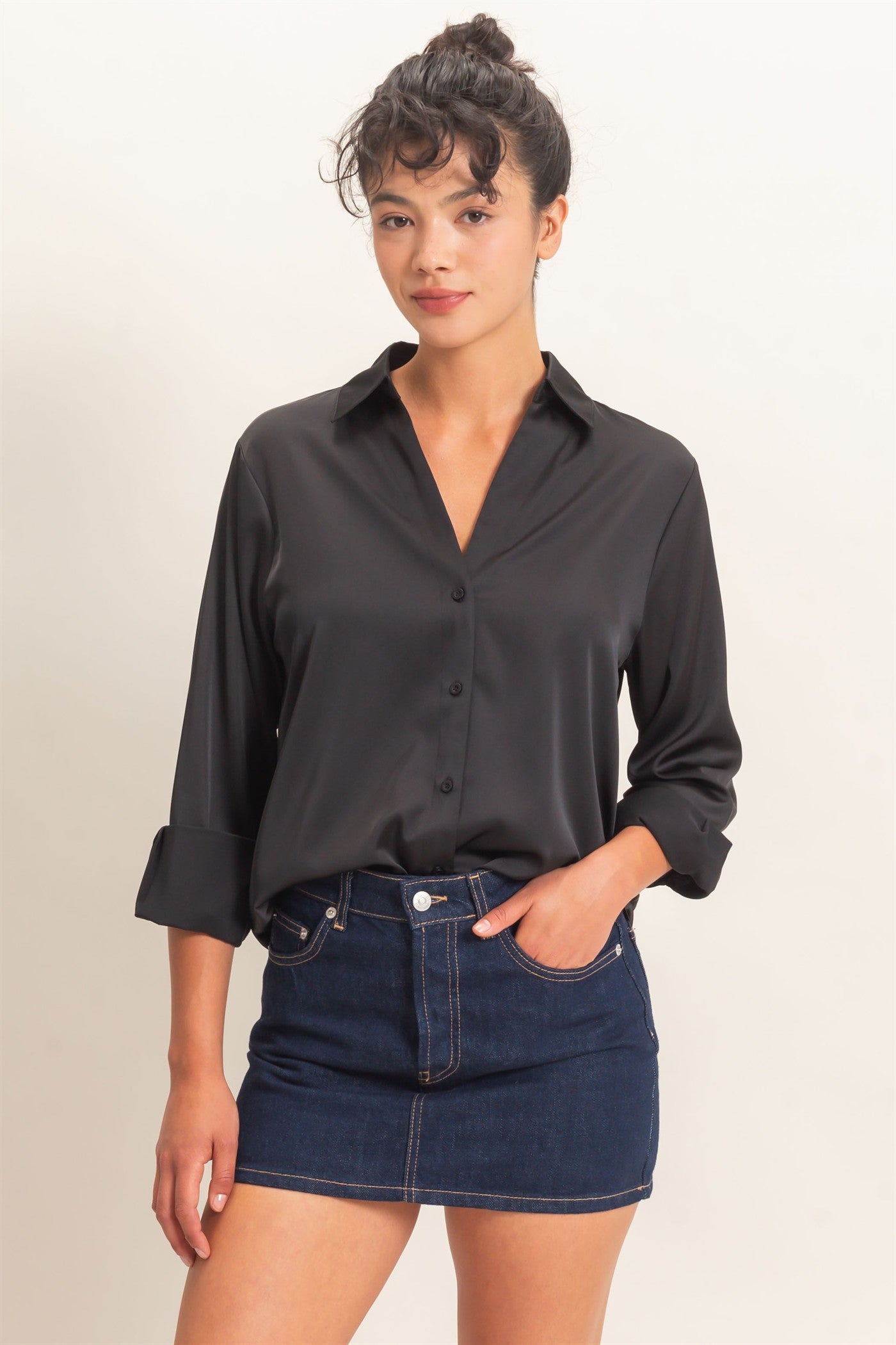 Wholesale Satin Button-Down Shirts Shirts DZ26E265 BLACK DOUBLE ZERO