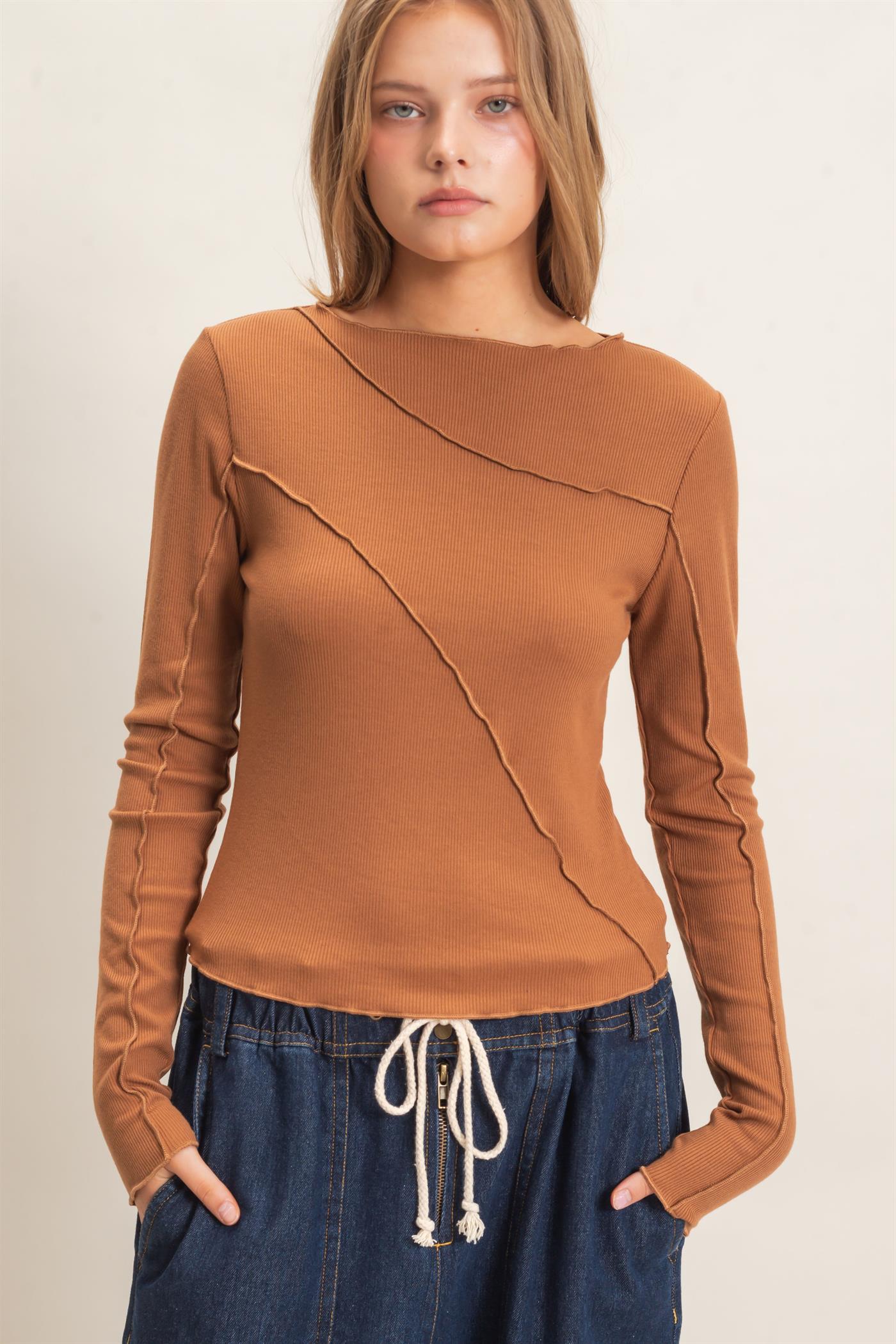 Wholesale Ruffled Ribbed Long Sleeve Top Clothing Tops HF26F085 BROWN HYFVE