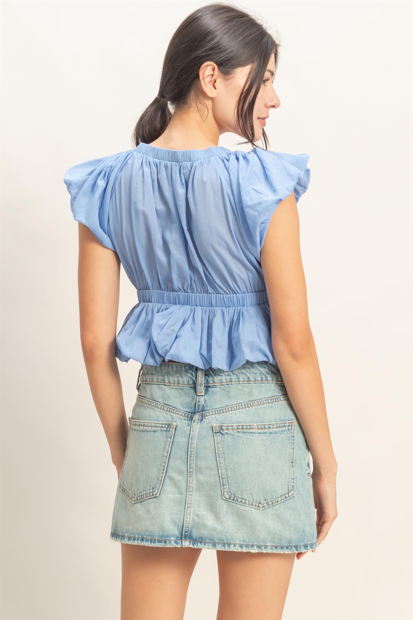 Wholesale Ruched V-Neck Puff Sleeve Top Clothing Tops HF26A122 INDIGO HYFVE
