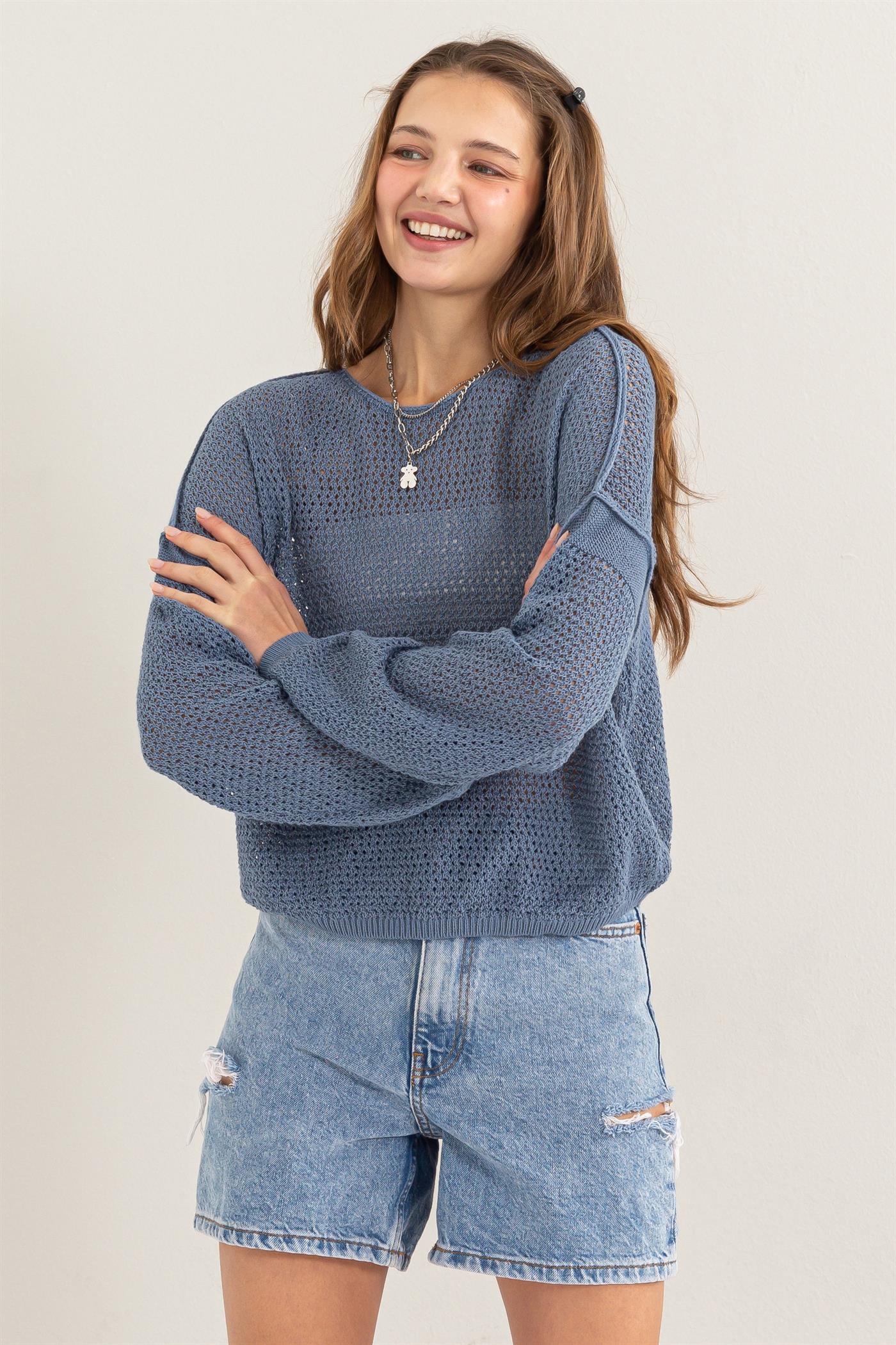 Wholesale Open Knit Drop Shoulder Sweater Clothing Tops DZ24C033 GRAY BLUE DOUBLE ZERO