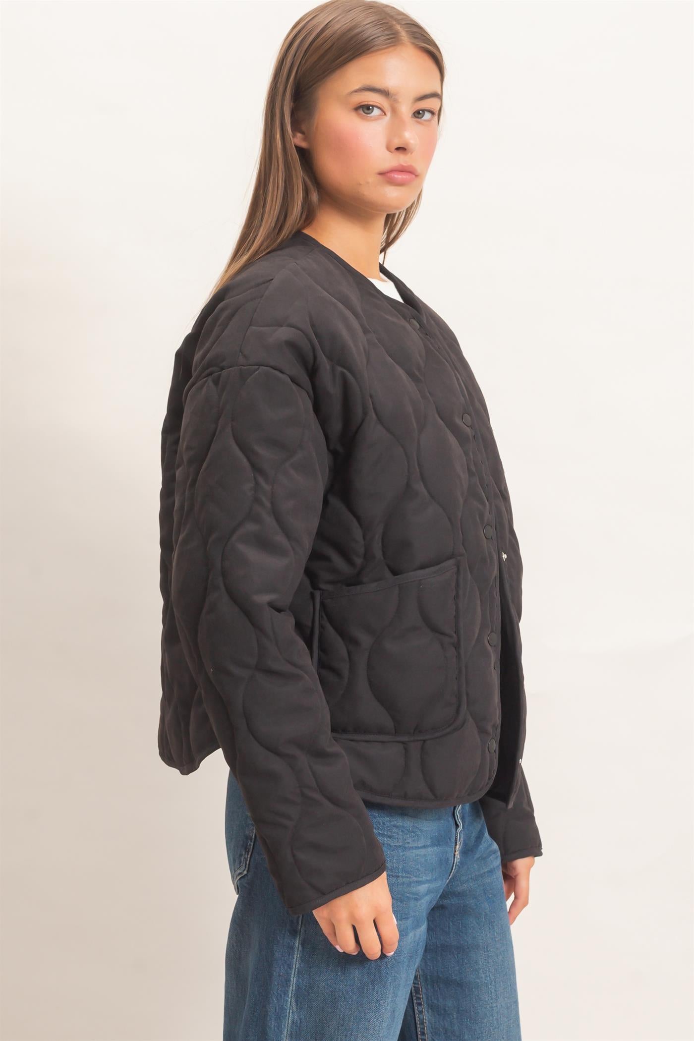 Wholesale Quilted Button Front Jacket Coats & Jackets DZ26F254 BLACK DOUBLE ZERO