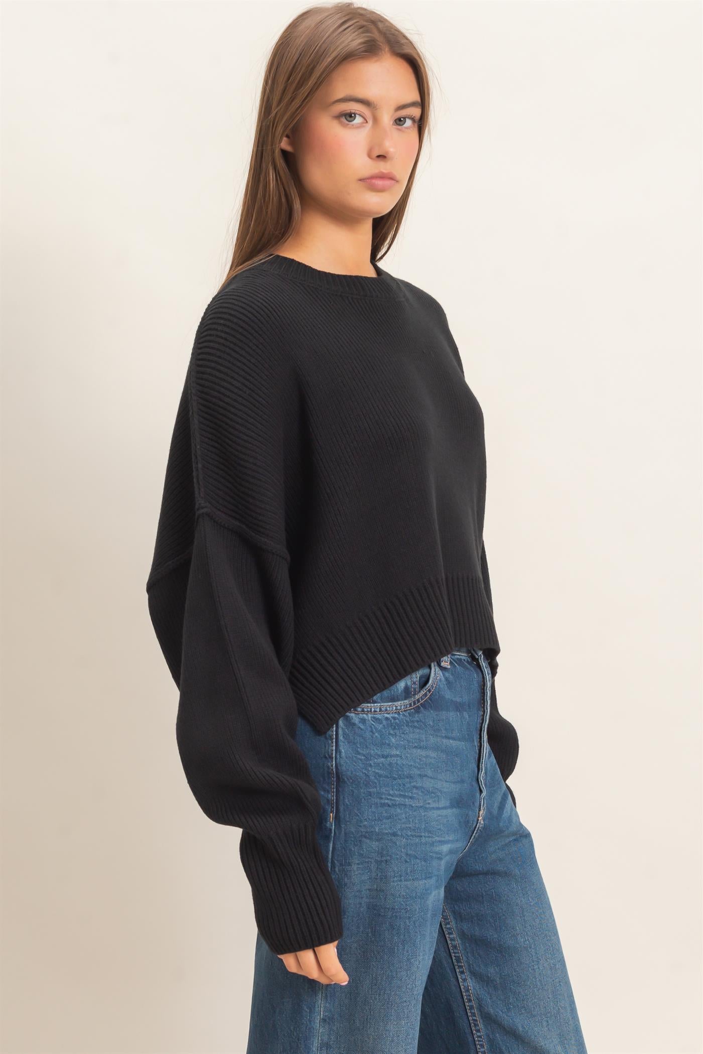 Wholesale Ribbed Drop Shoulder Sweater Sweaters DZ26C982 BLACK DOUBLE ZERO