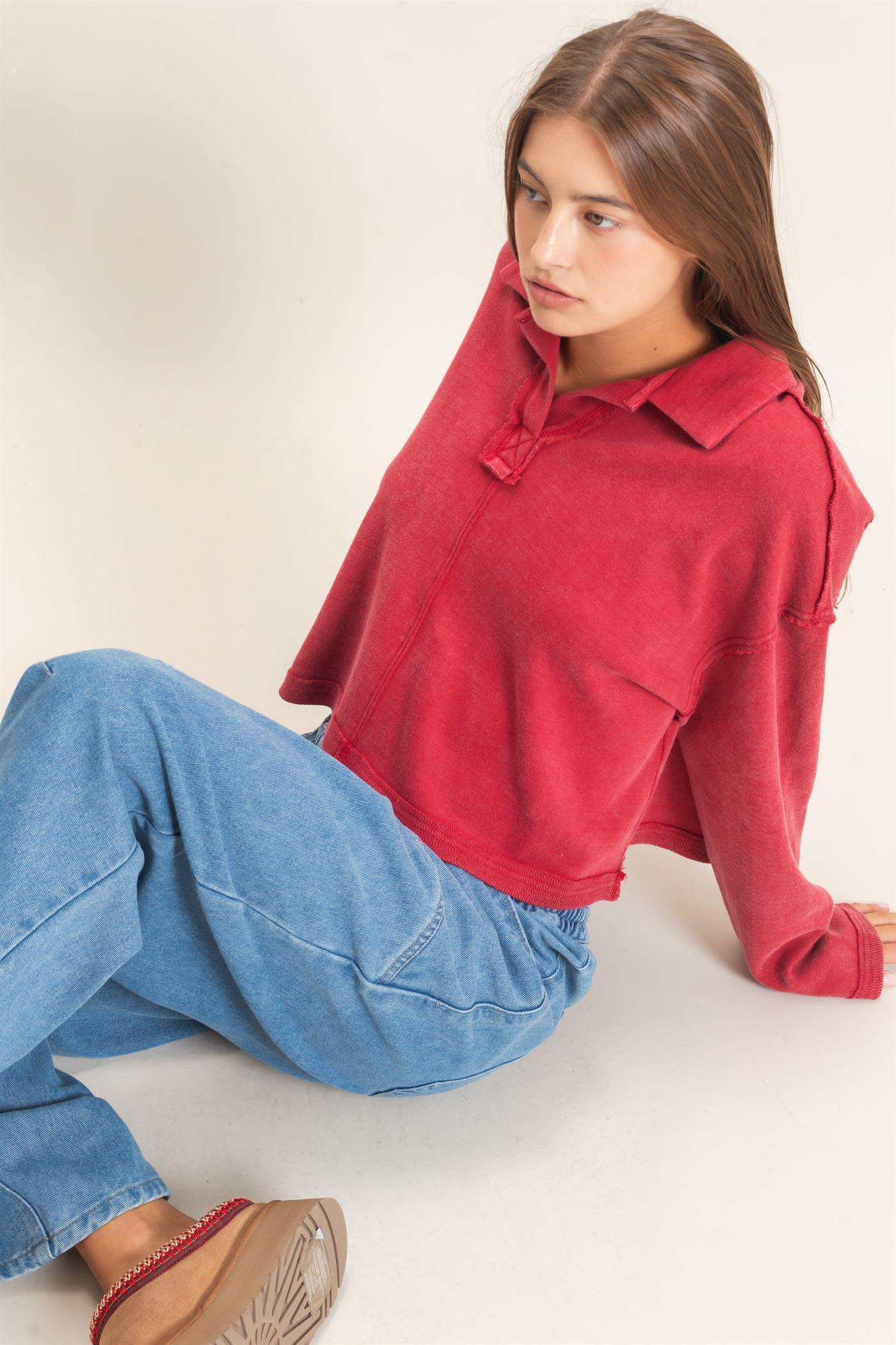 Wholesale Mineral Wash Textured Collar Top Polos DZ26E814 DARK RED DOUBLE ZERO