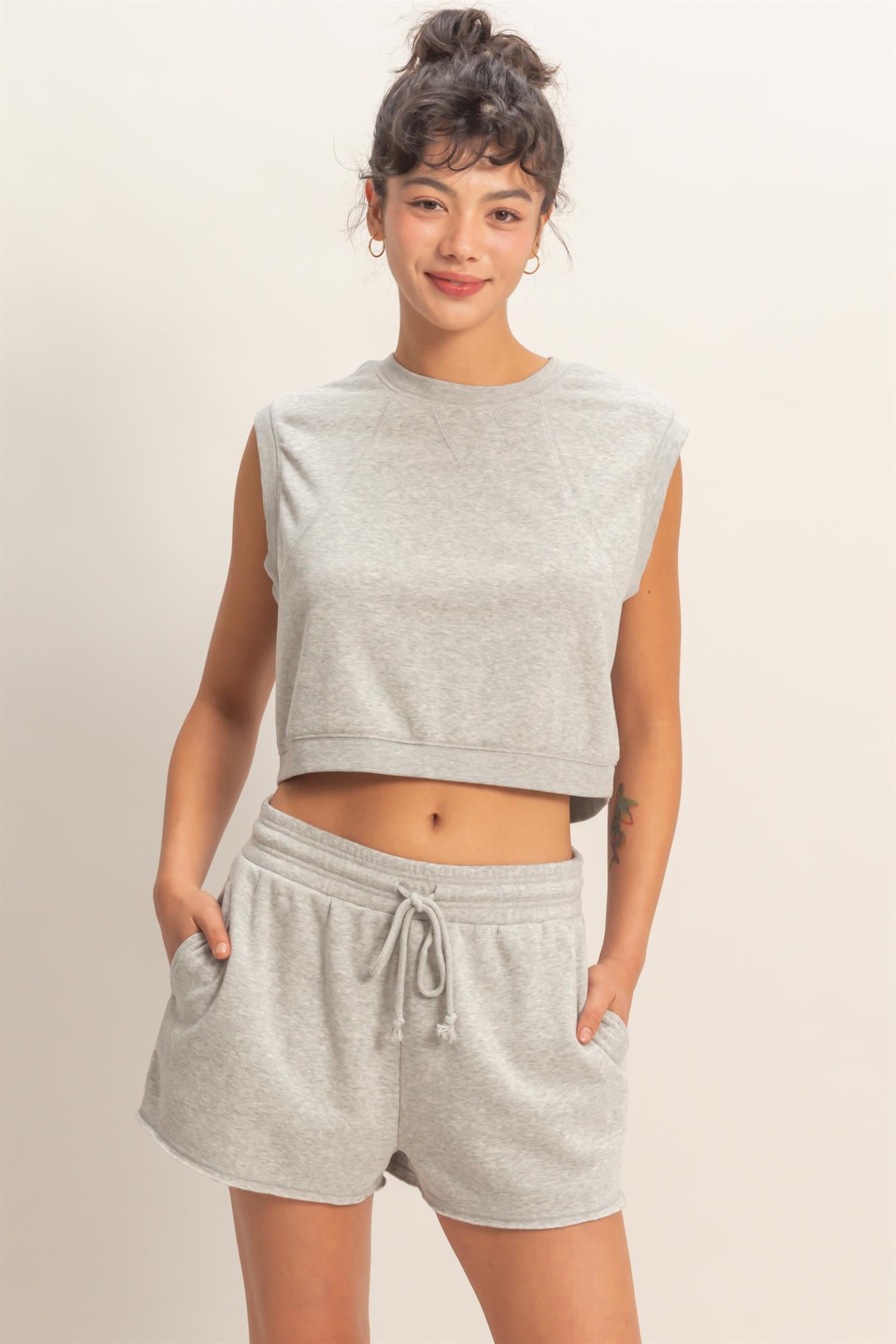 Wholesale Burnout French Terry Sleeveless Top & Shorts Set Clothing Tops DZ26A171-SET HEATHER GRAY DOUBLE ZERO