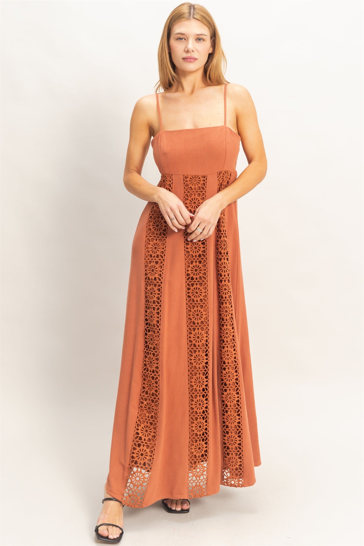 Wholesale Woven Lace Trim Maxi Dress Dresses HF26A498 TERACOTTA HYFVE