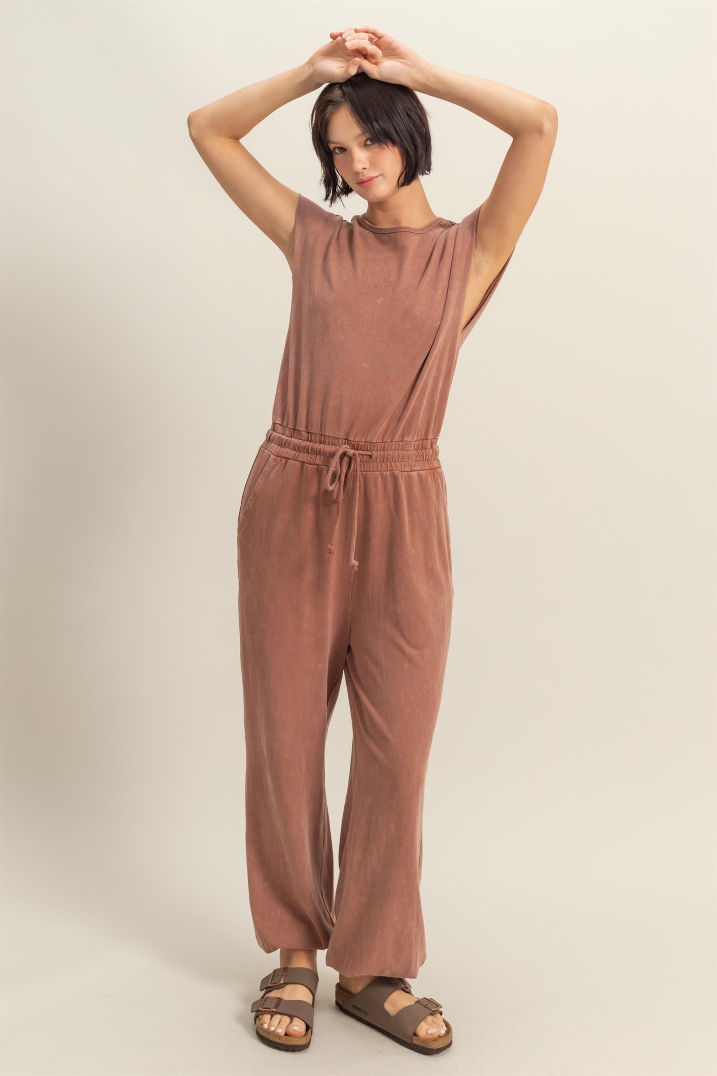 Wholesale Short Sleeve Casual Jumpsuit Clothing DZ24C619 CHESTNUT DOUBLE ZERO