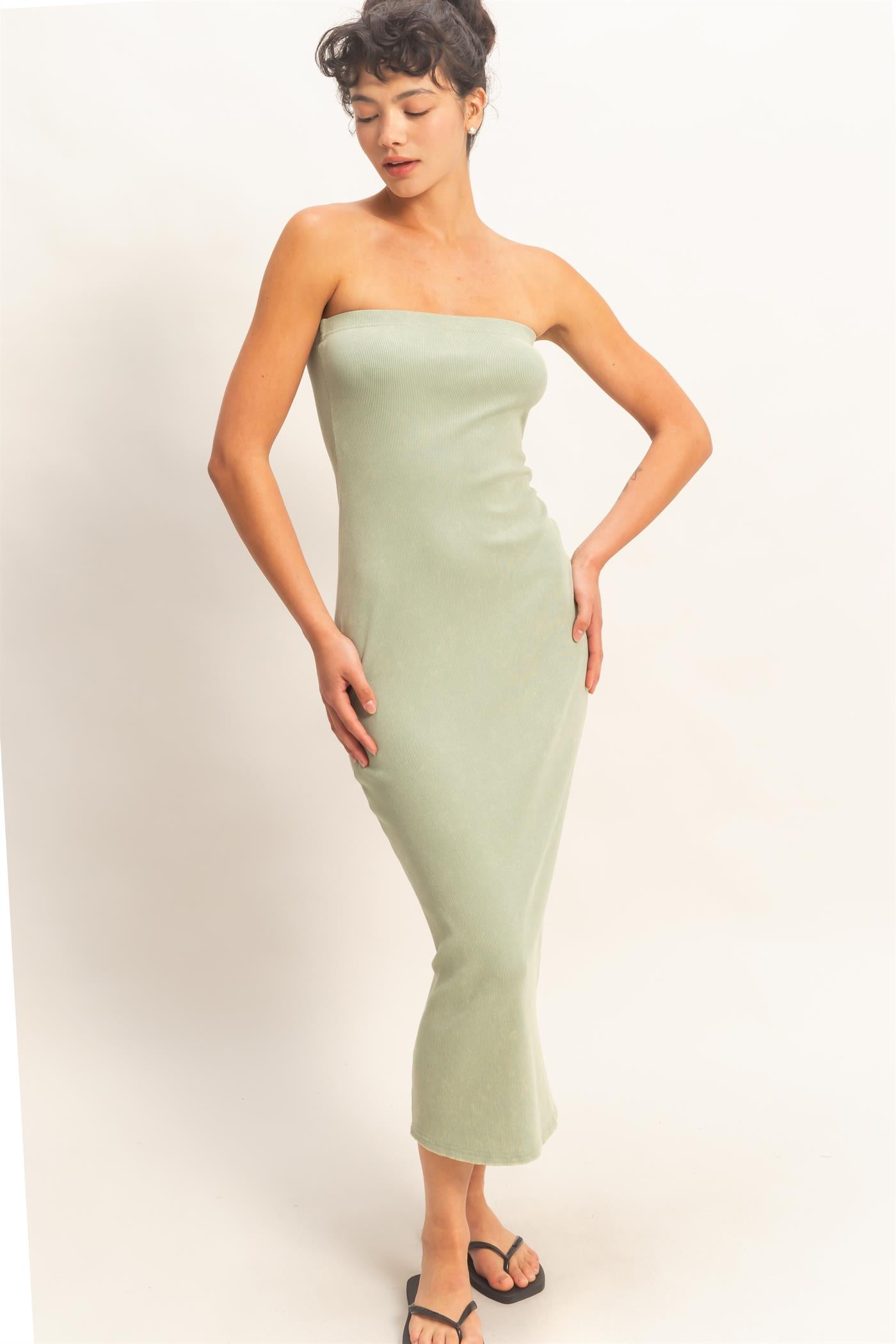 Wholesale Acid Washed Ribbed Midi Tube Dress Dresses DZ26C620 SAGE GREEN DOUBLE ZERO