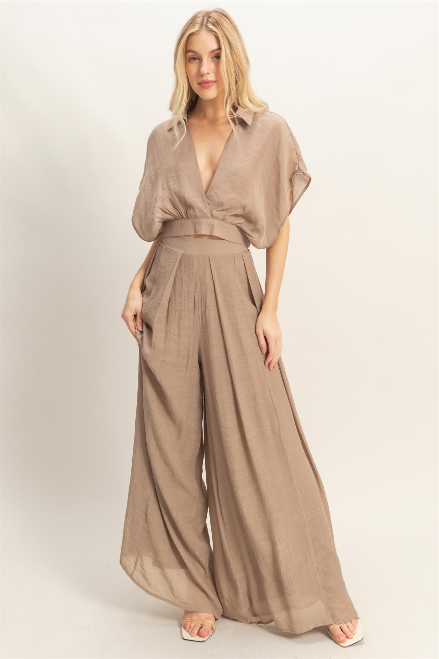 Wholesale Collared Wrap Top & Wide-Leg Pants Set Clothing HF26C286-SET-D LIGHT MOCHA HYFVE