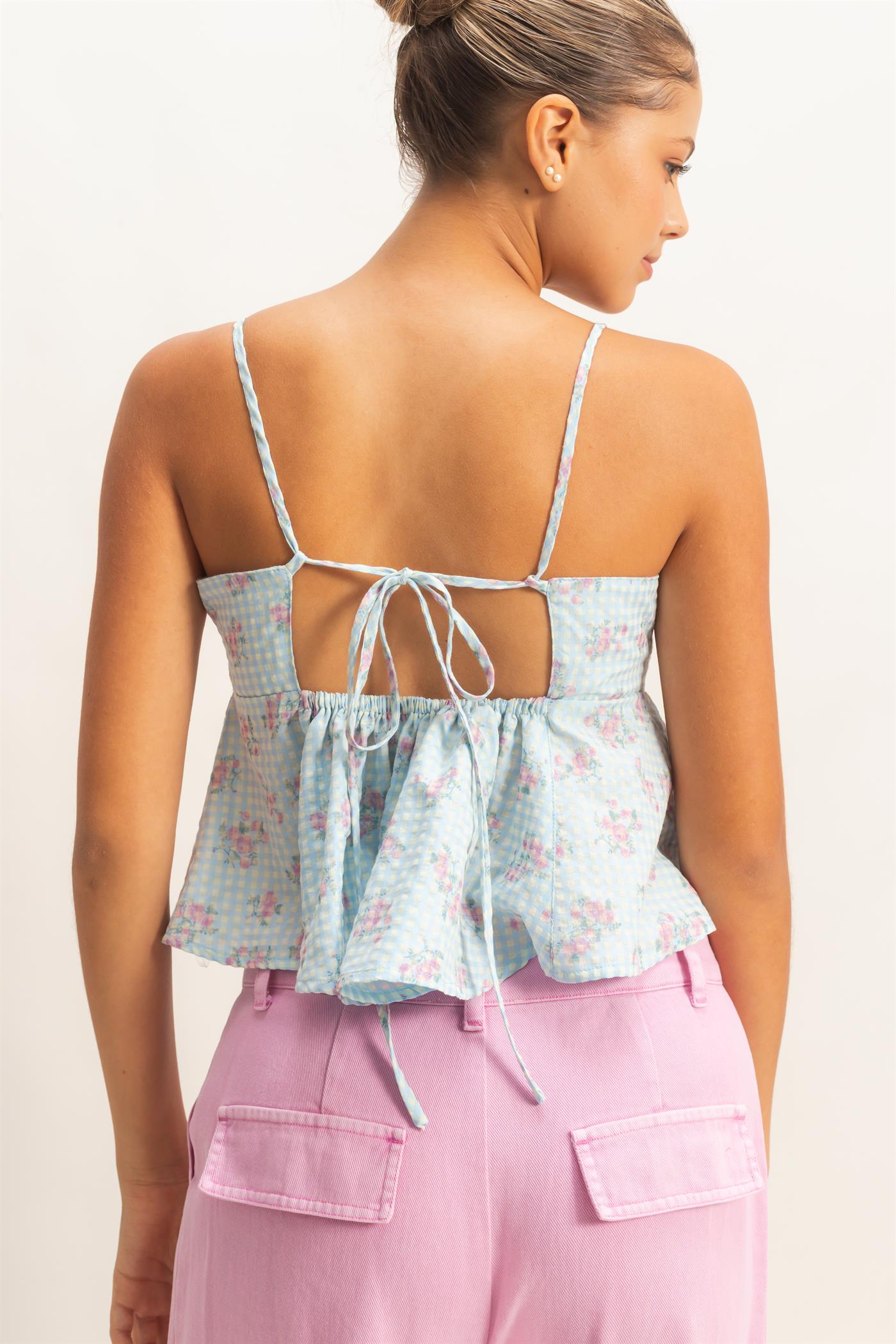 Wholesale Floral Seersucker Babydoll Top Clothing Tops HF26A416 BLUE HYFVE