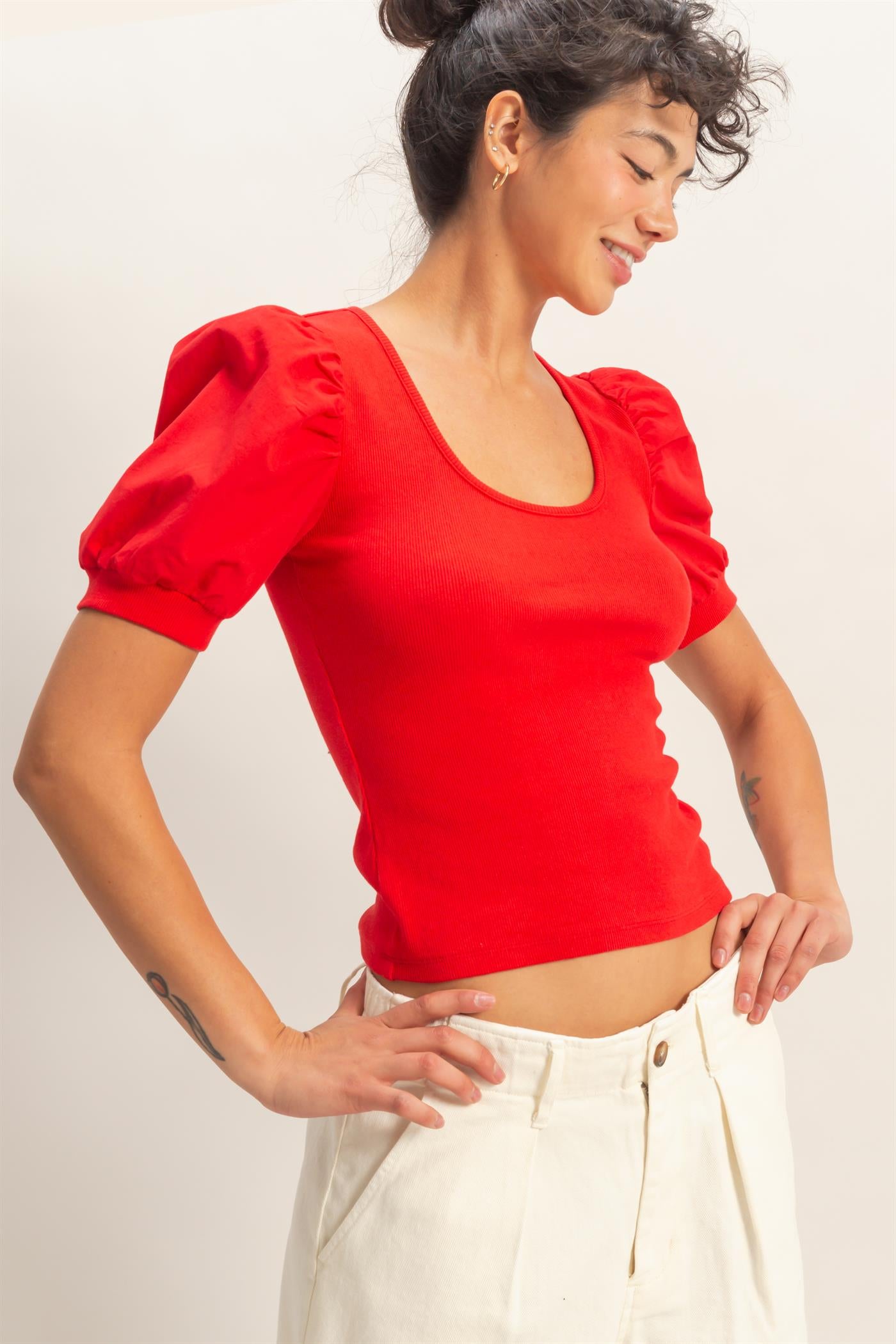 Wholesale Ribbed Puff Sleeve Scoop Neck Top Clothing Tops DZ26C071 RED DOUBLE ZERO