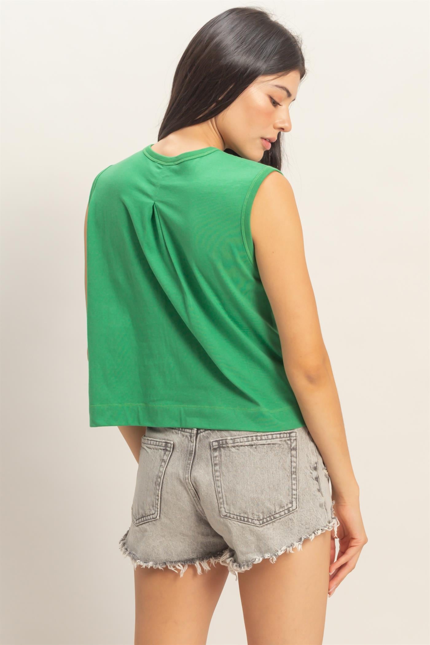 Wholesale Sleeveless Crew Neck Top With Back Pleats Clothing Tops DZ26A999 GREEN DOUBLE ZERO