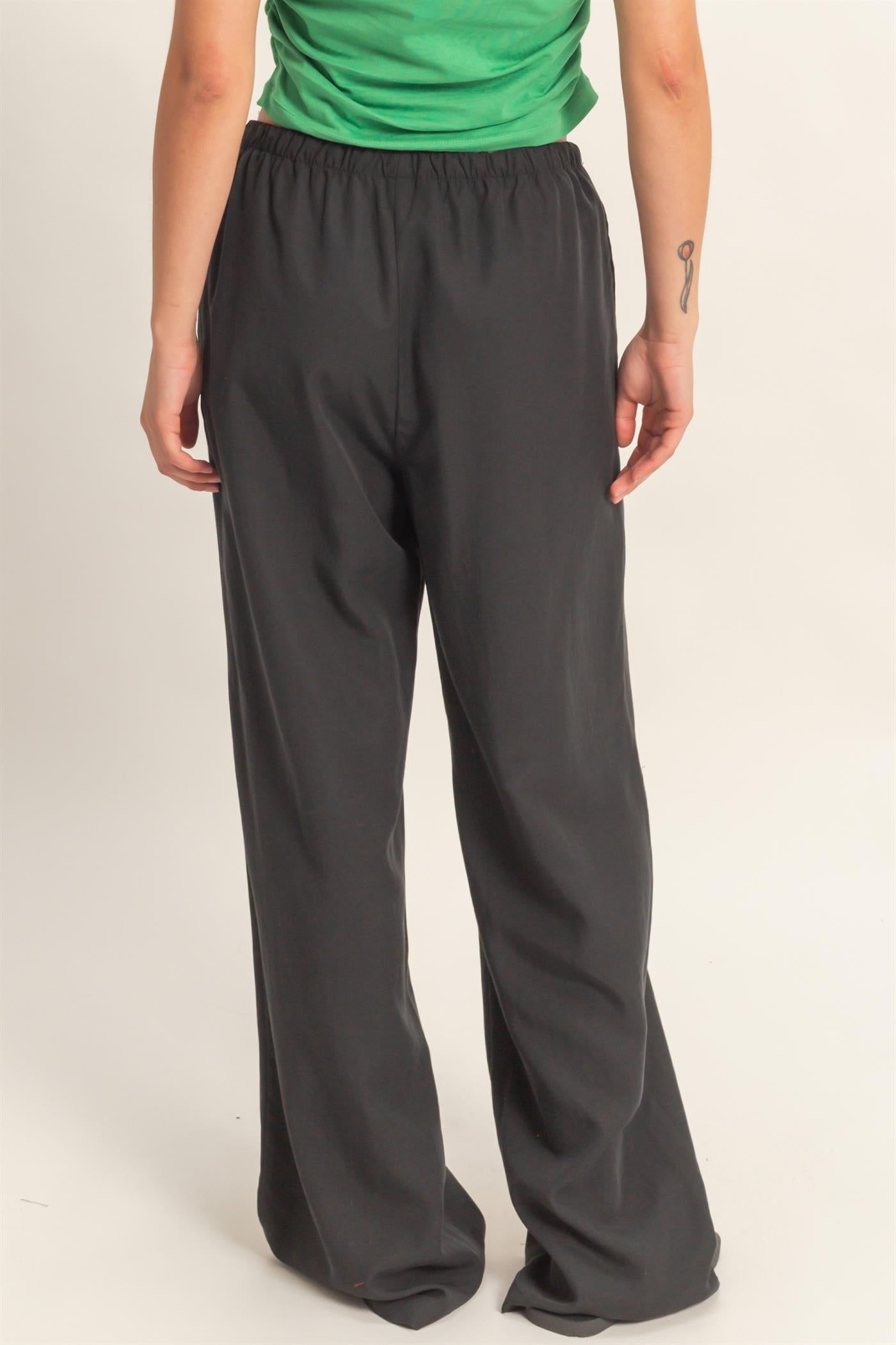 Wholesale Lyocell Linen Elastic Waist Straight Leg Pants Pants DZ26A979 BLACK DOUBLE ZERO