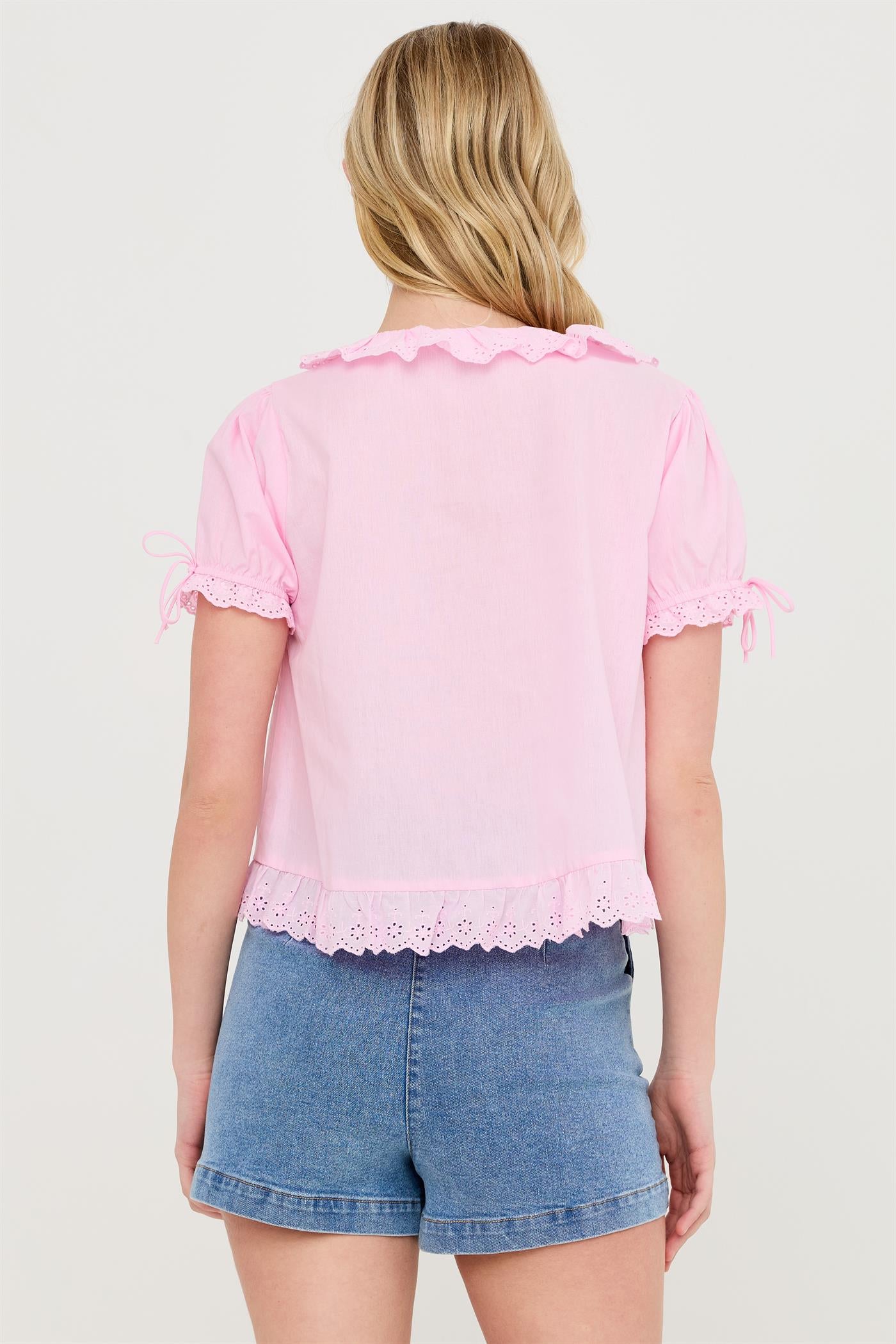 Wholesale Lace Trim Peasant Top Blouses HF26C137 PINK HYFVE
