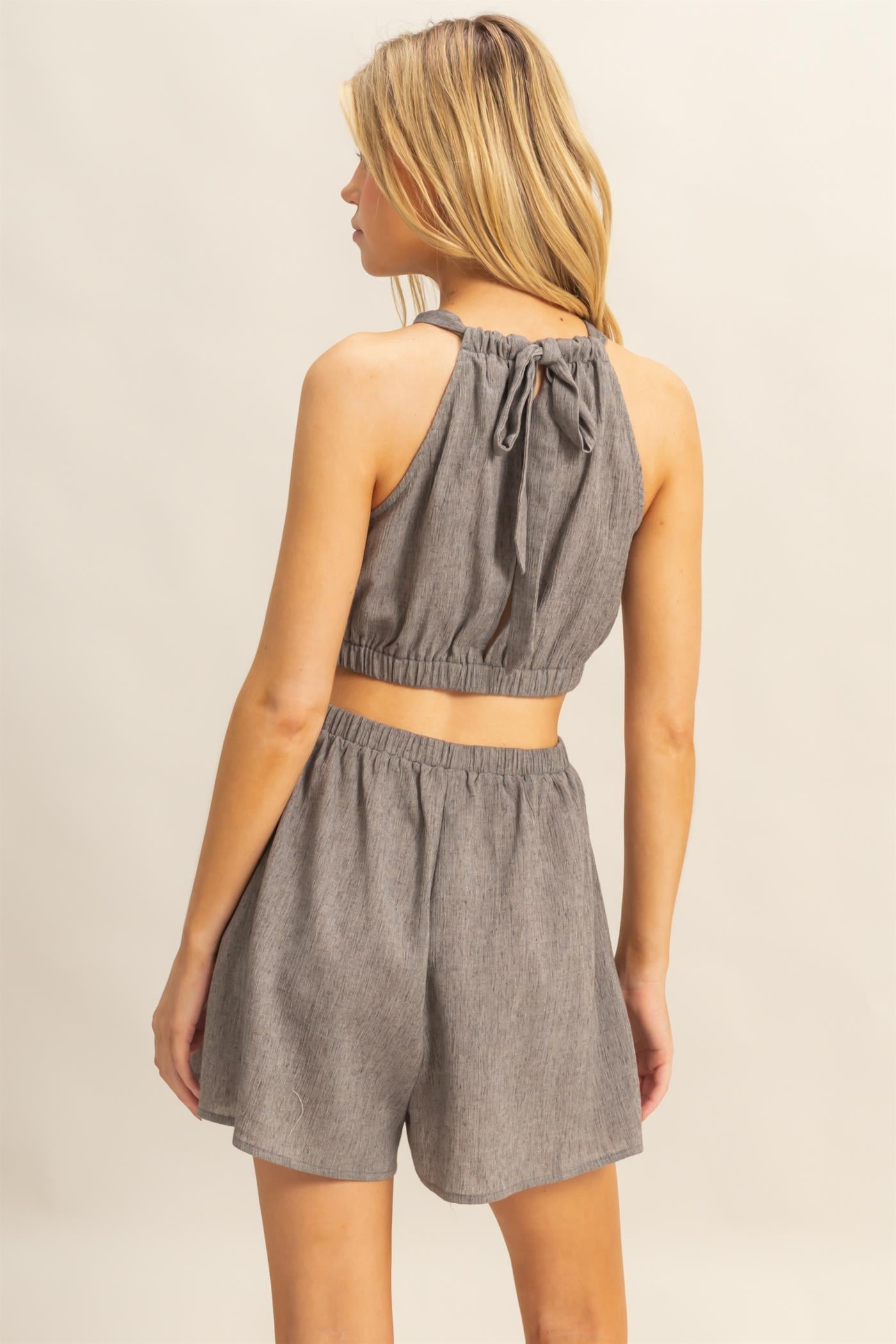 Wholesale Halter Neck Side Cutout Relaxed Fit Romper Clothing HF25A221 CHARCOAL HYFVE