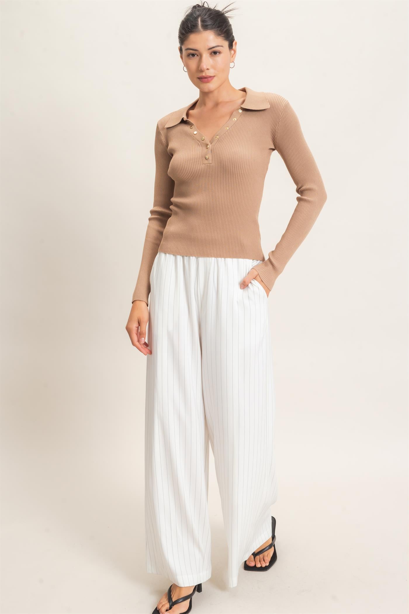 Wholesale Ribbed V-Neck Sweater With Collar Clothing Tops HF26E684 TAUPE HYFVE