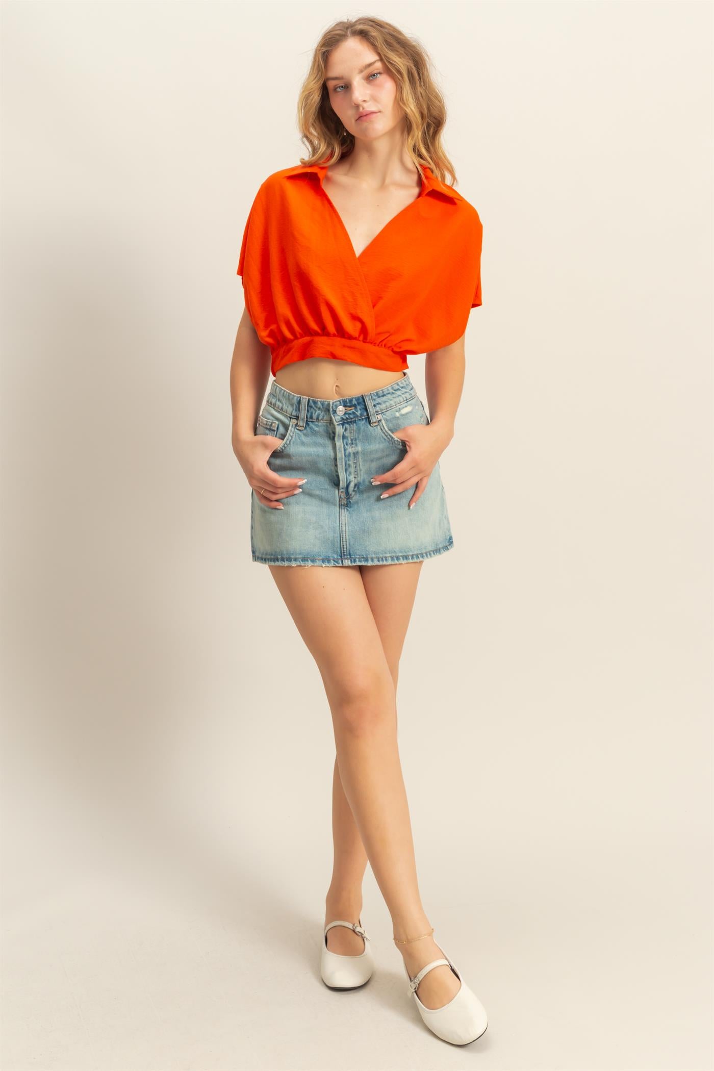 Wholesale Casual Batwing Sleeves Surplice Top Blouses DZ25C243 TOMATO DOUBLE ZERO