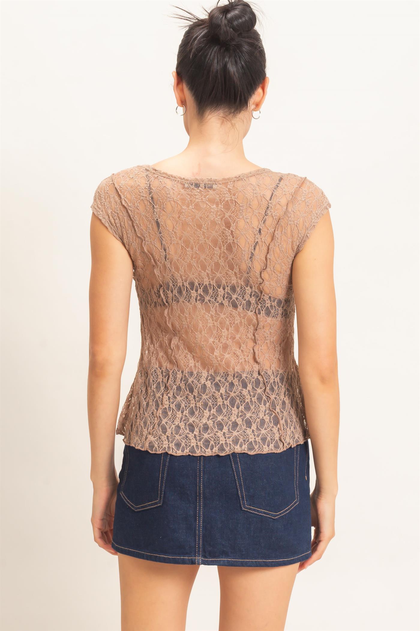 Wholesale Lace Cap Sleeve Top Clothing Tops HF26E672 LIGHT BROWN HYFVE
