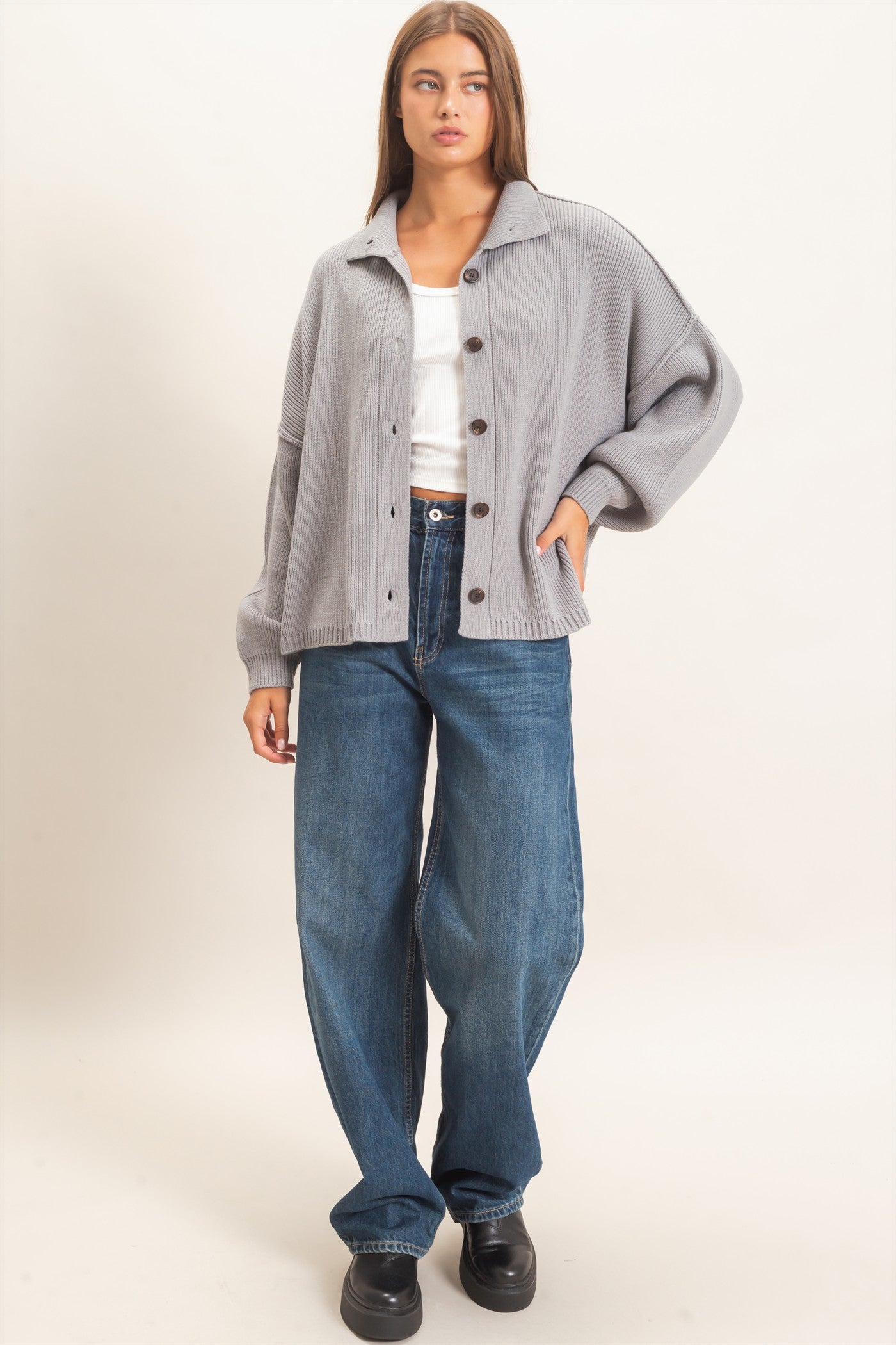 Wholesale High Neck Oversized Cardigan Cardigans DZ26E280 GRAY DOUBLE ZERO