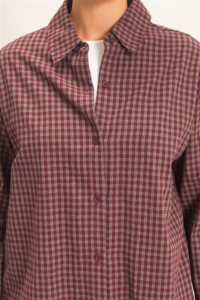 Wholesale Plaid Button-Up Shirt Shirts DZ26F012 BURGUNDY DOUBLE ZERO