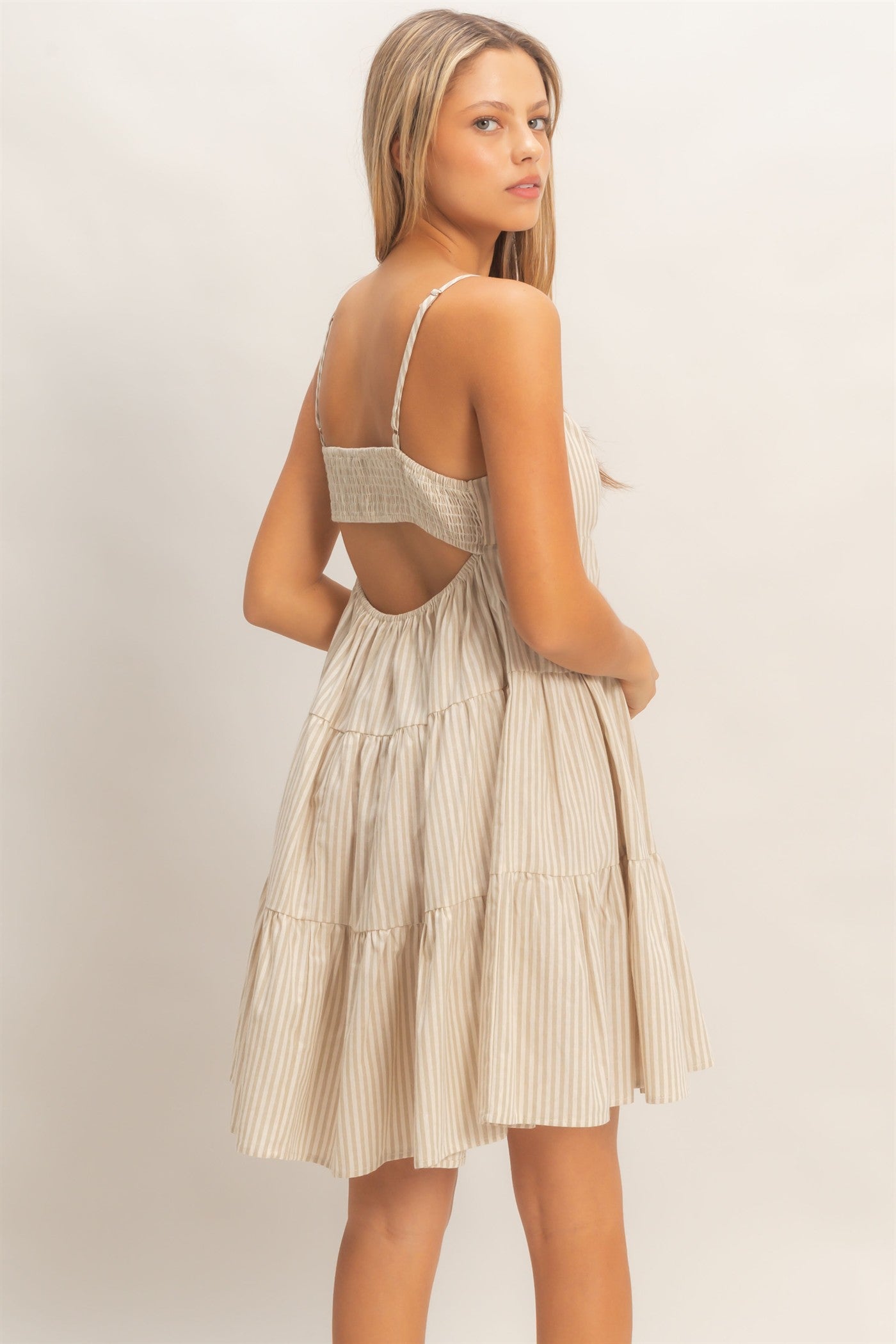 Wholesale Striped Sleeveless A-Line Dress Dresses HF26A247 L.TAUPE HYFVE